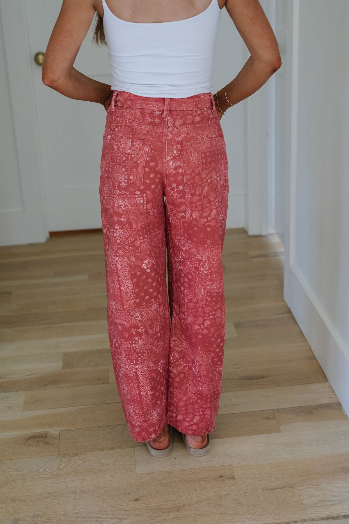Bandana Print Wide Leg Jeans-Red