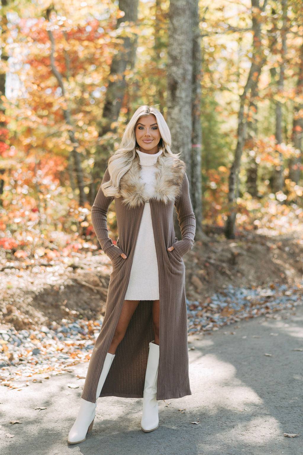 Greer Faux Fur Knit Duster- Brown