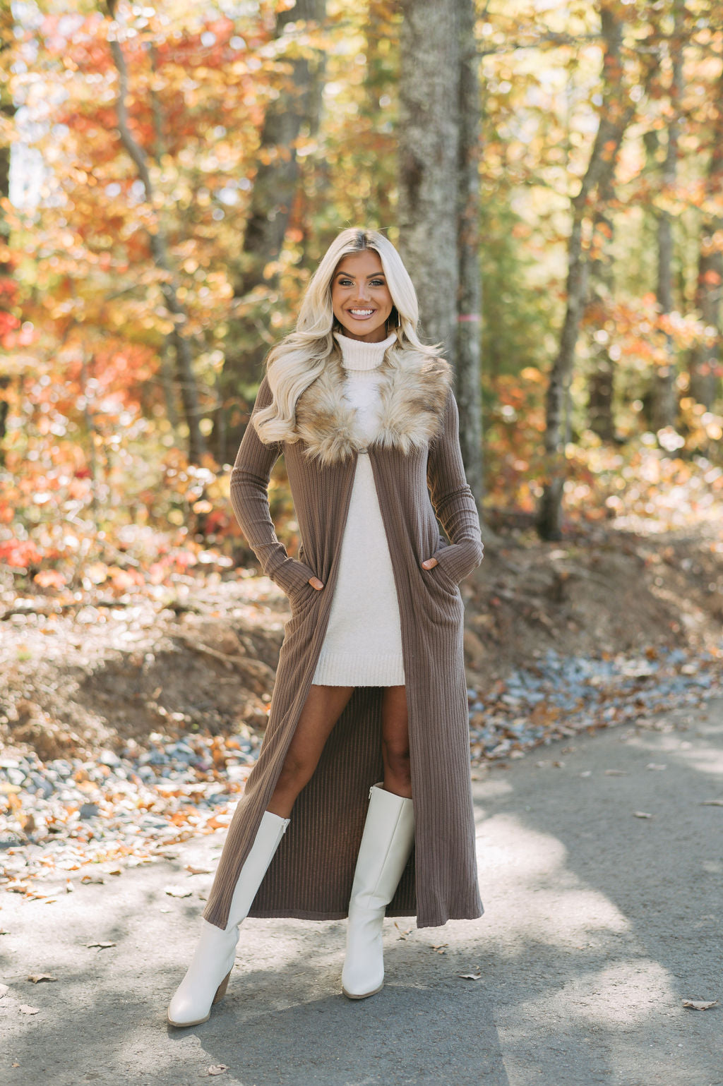 Greer Faux Fur Knit Duster- Brown