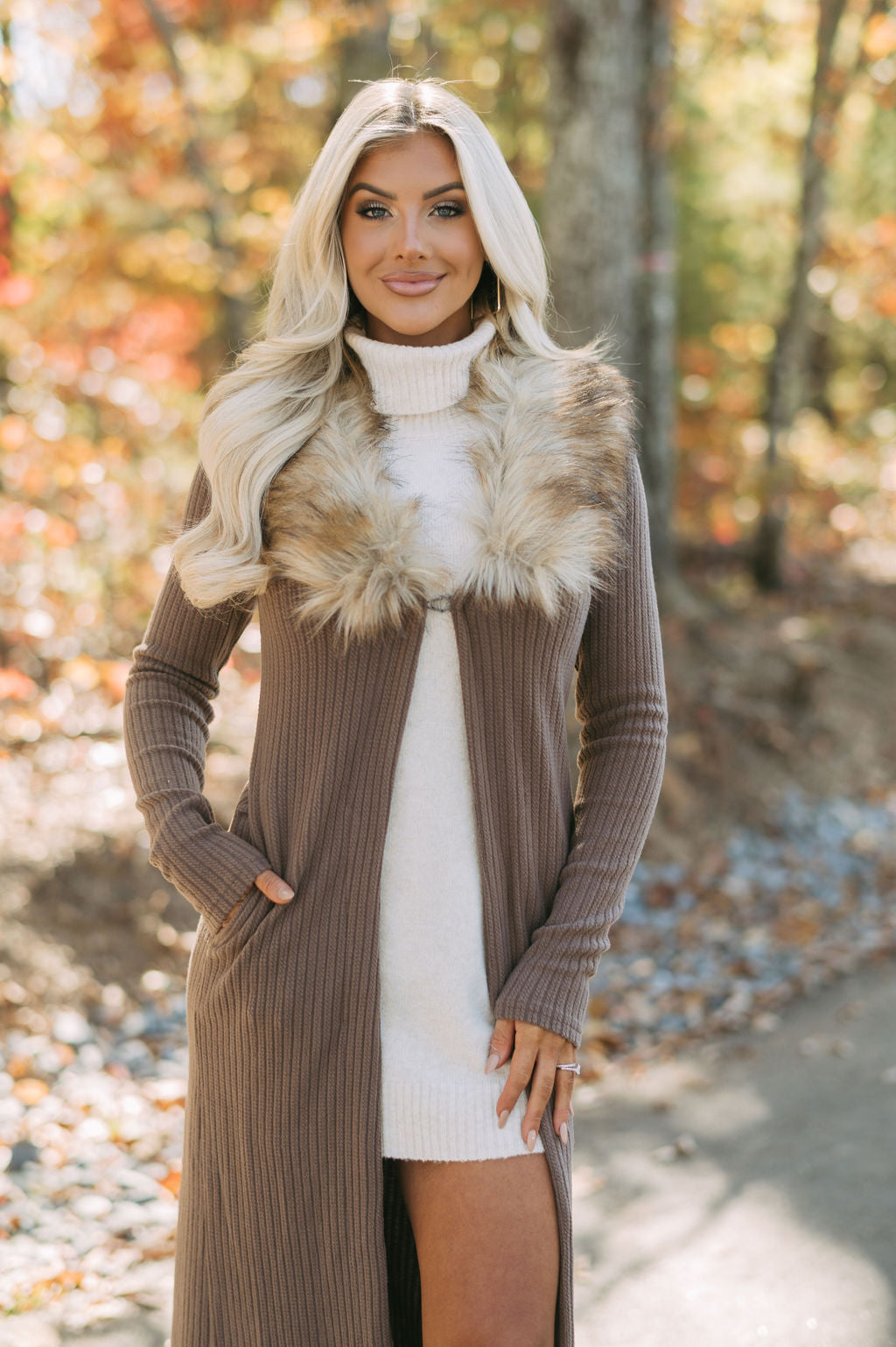 Greer Faux Fur Knit Duster- Brown