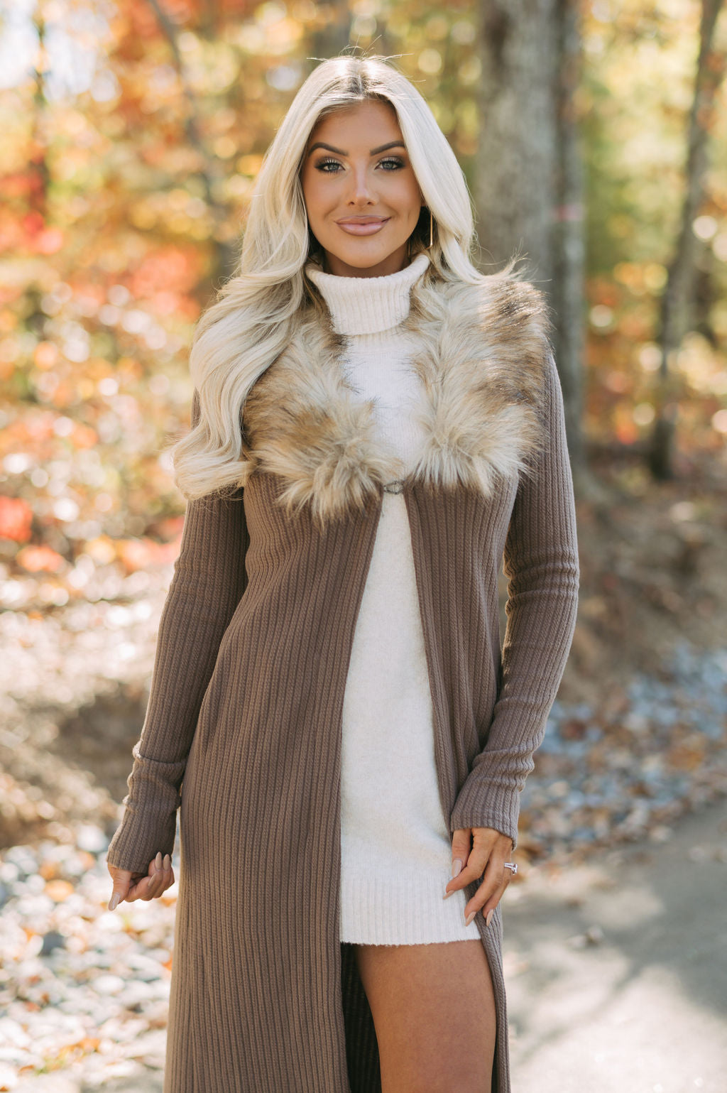 Greer Faux Fur Knit Duster- Brown