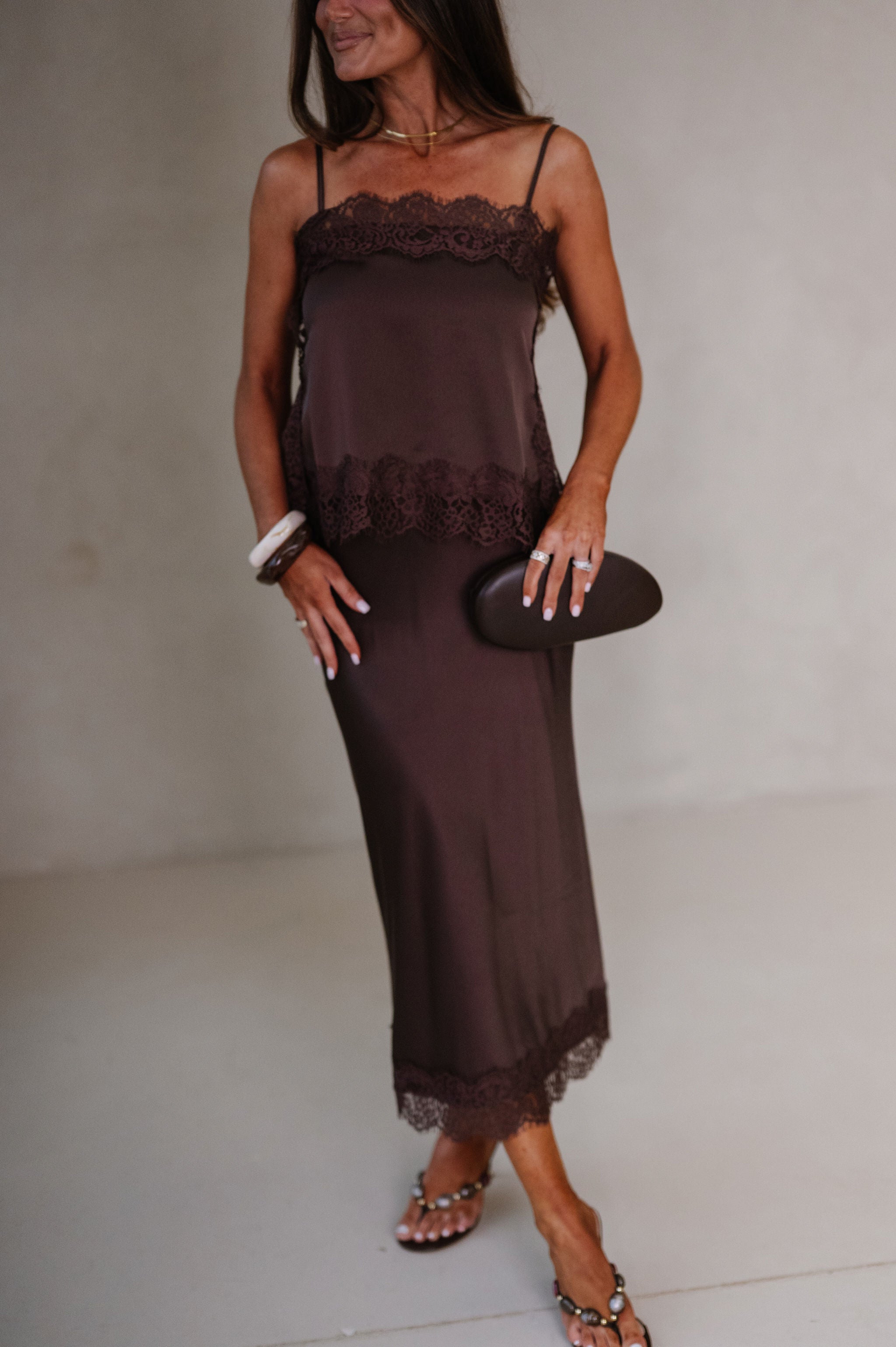 Maggie Satin Lace Trim Midi Skirt Set-Brown
