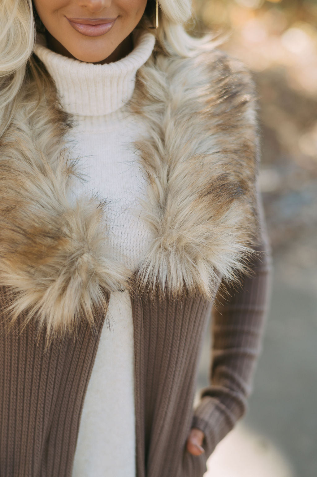 Greer Faux Fur Knit Duster- Brown