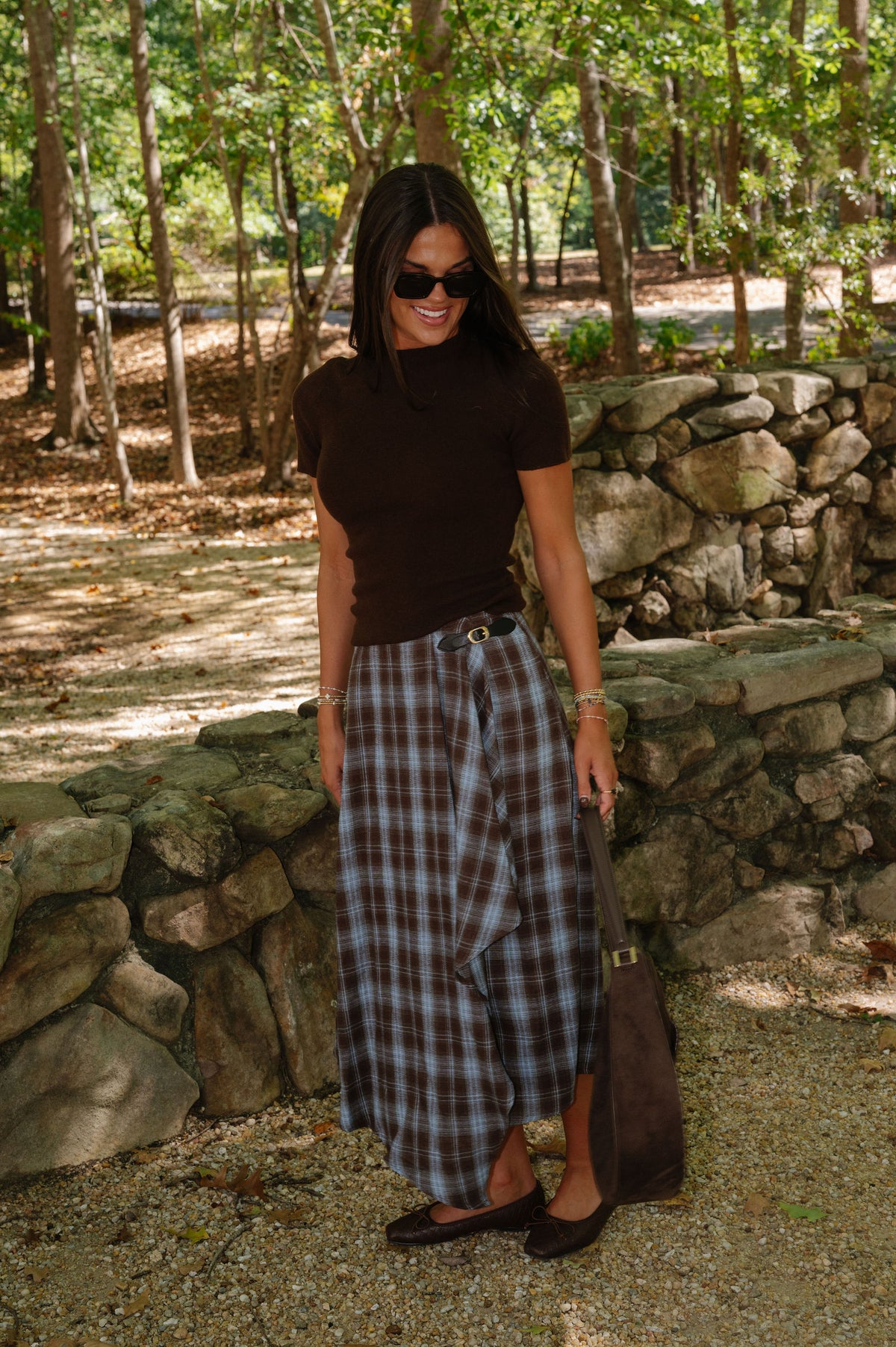 Laken Plaid Midi Skirt-Brown/Blue