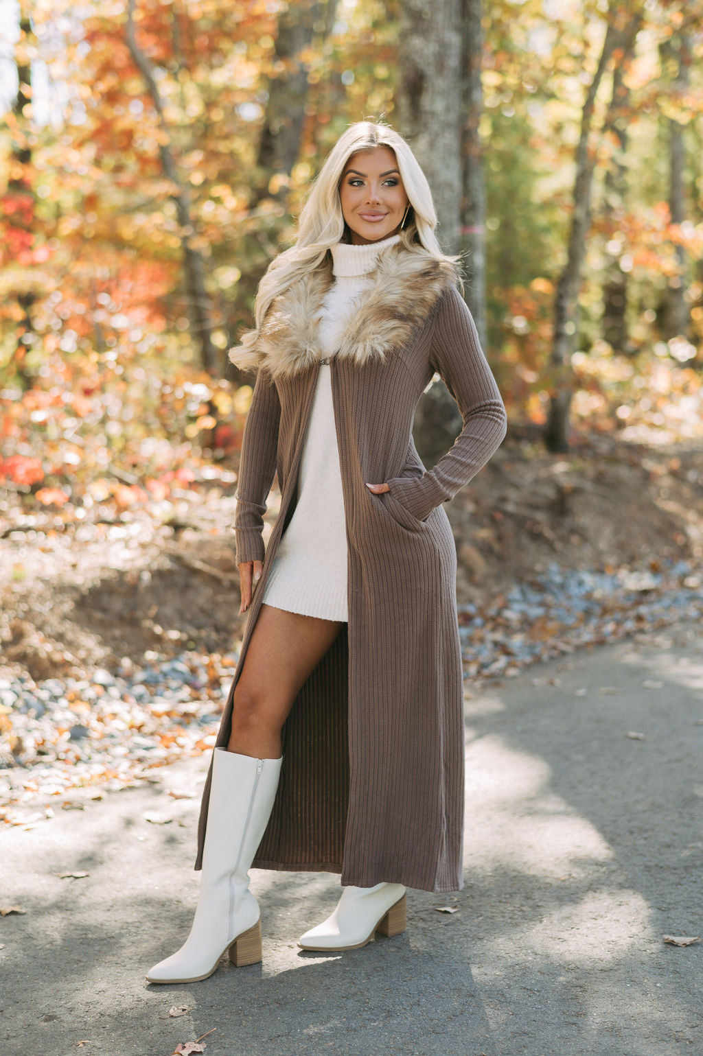 Greer Faux Fur Knit Duster- Brown
