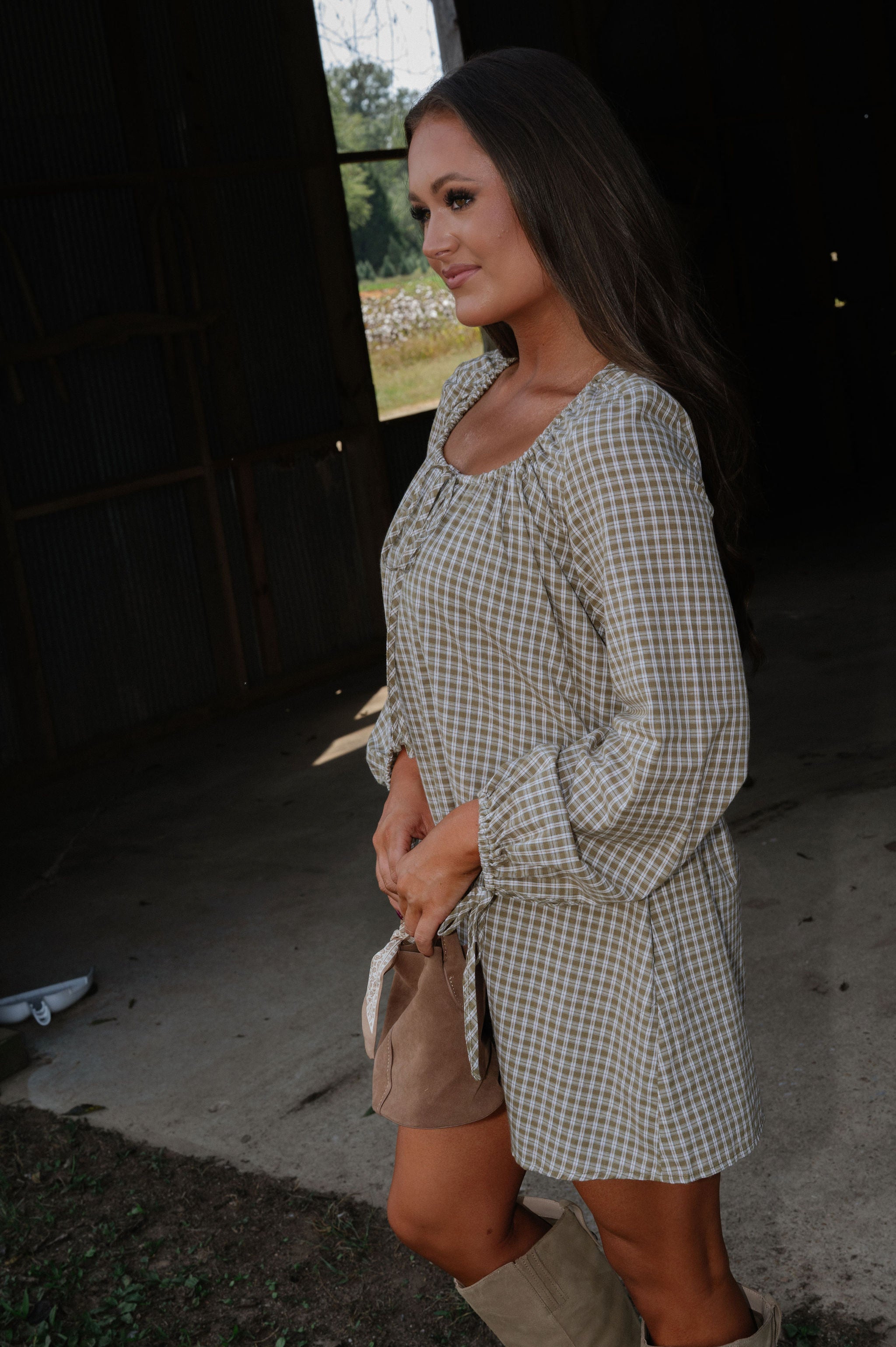 Kara Plaid Mini Dress-Olive