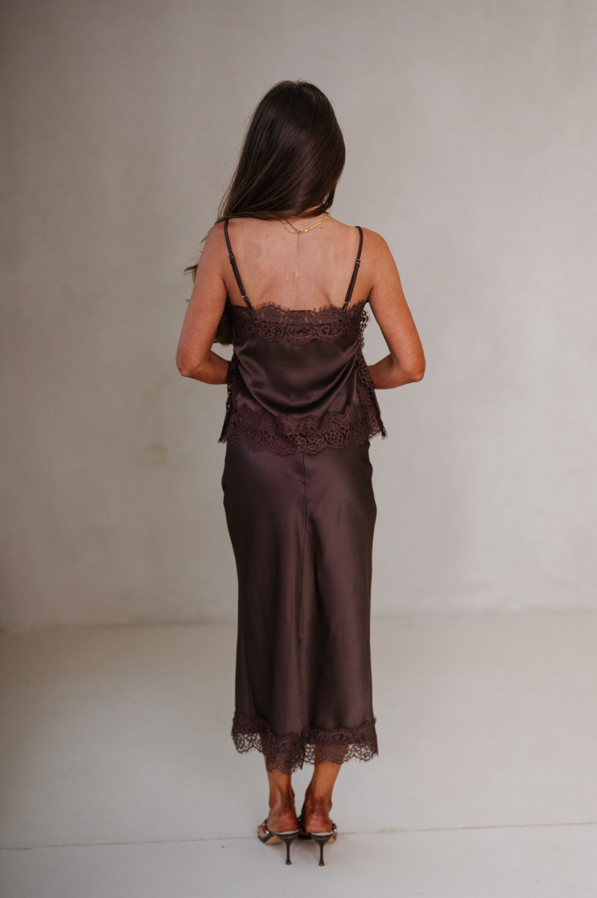 Maggie Satin Lace Trim Midi Skirt Set-Brown