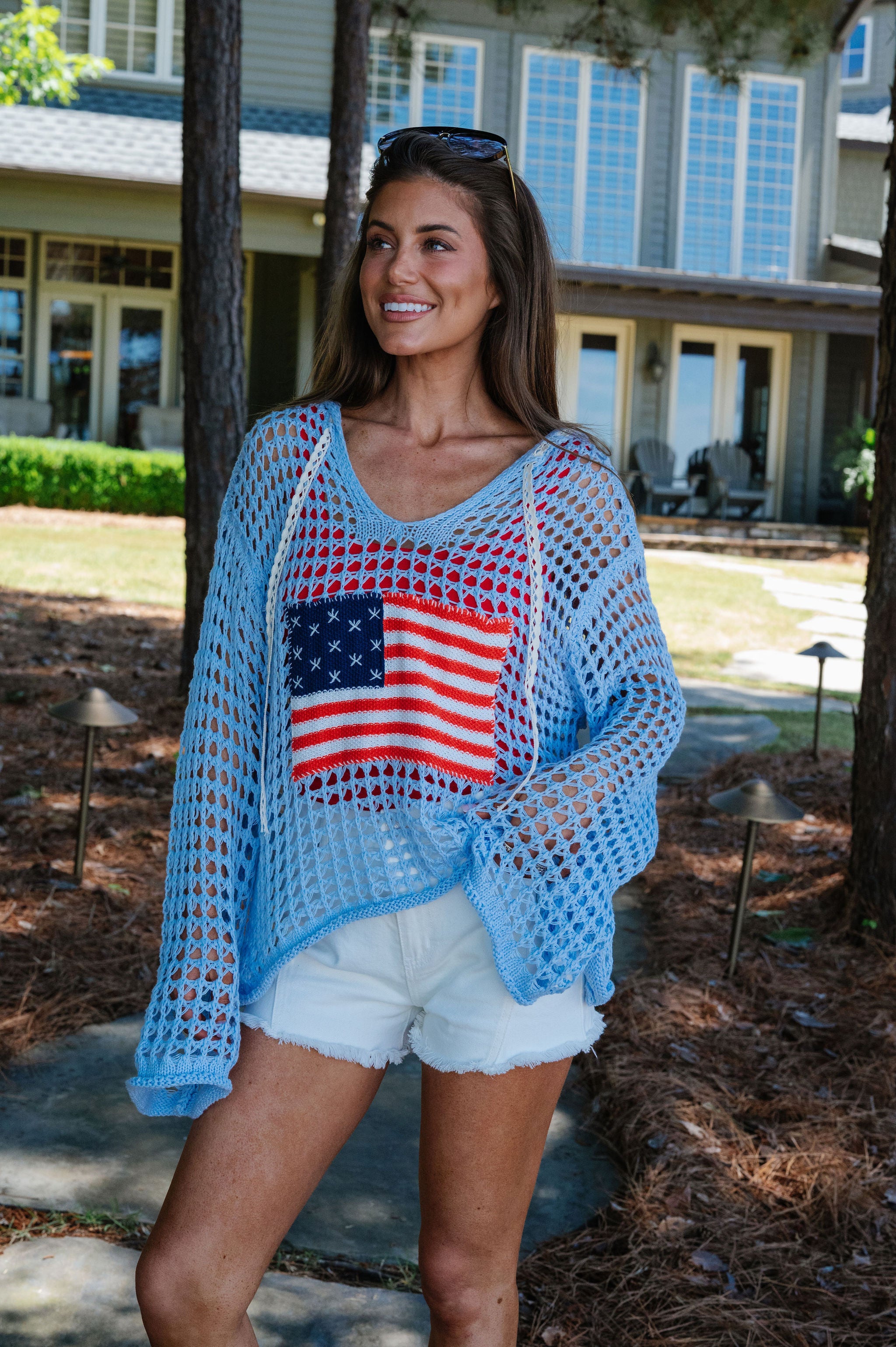 Patriotic Crochet Knit Hoodie-Sky Blue