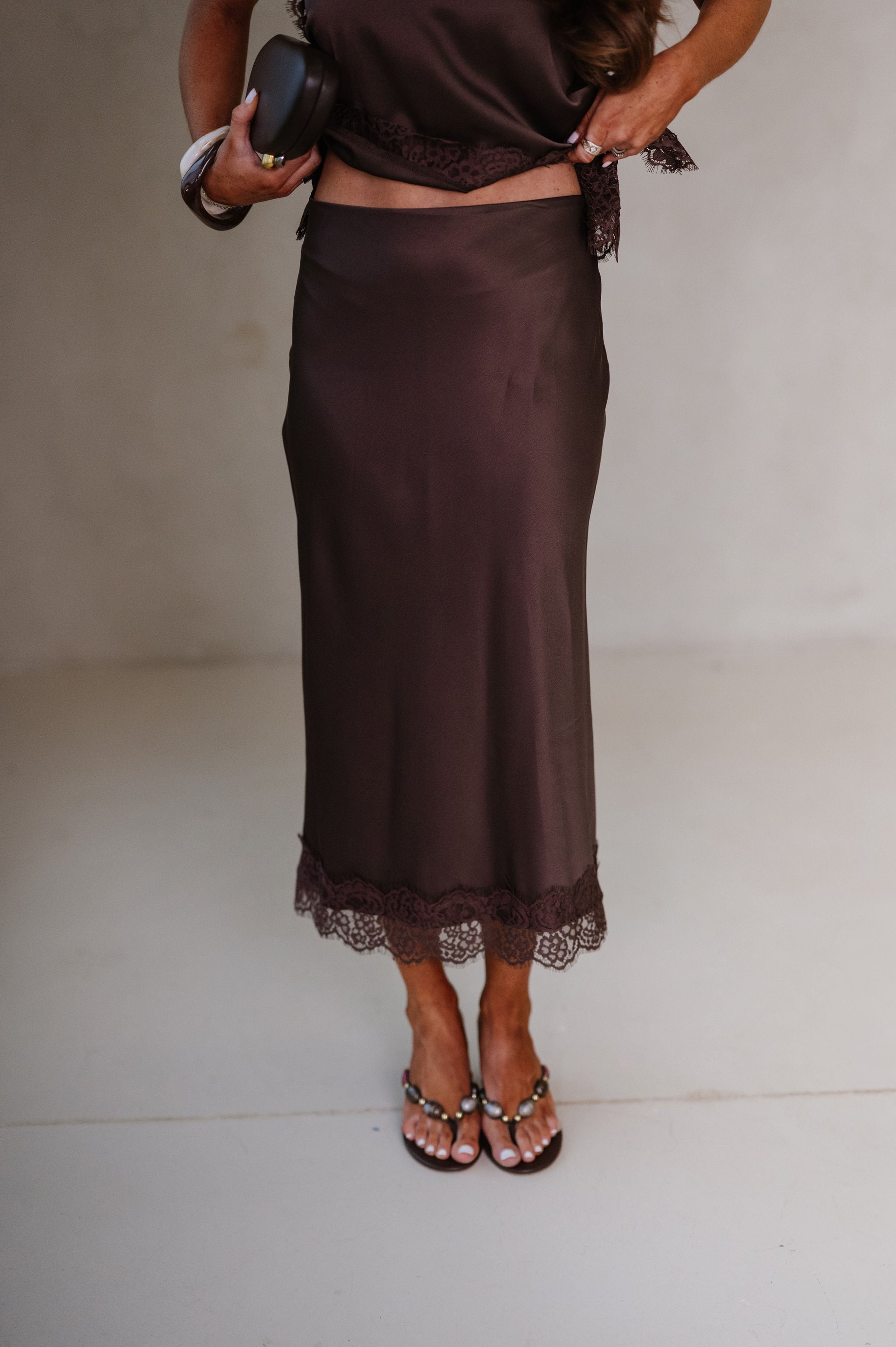 Maggie Satin Lace Trim Midi Skirt Set-Brown