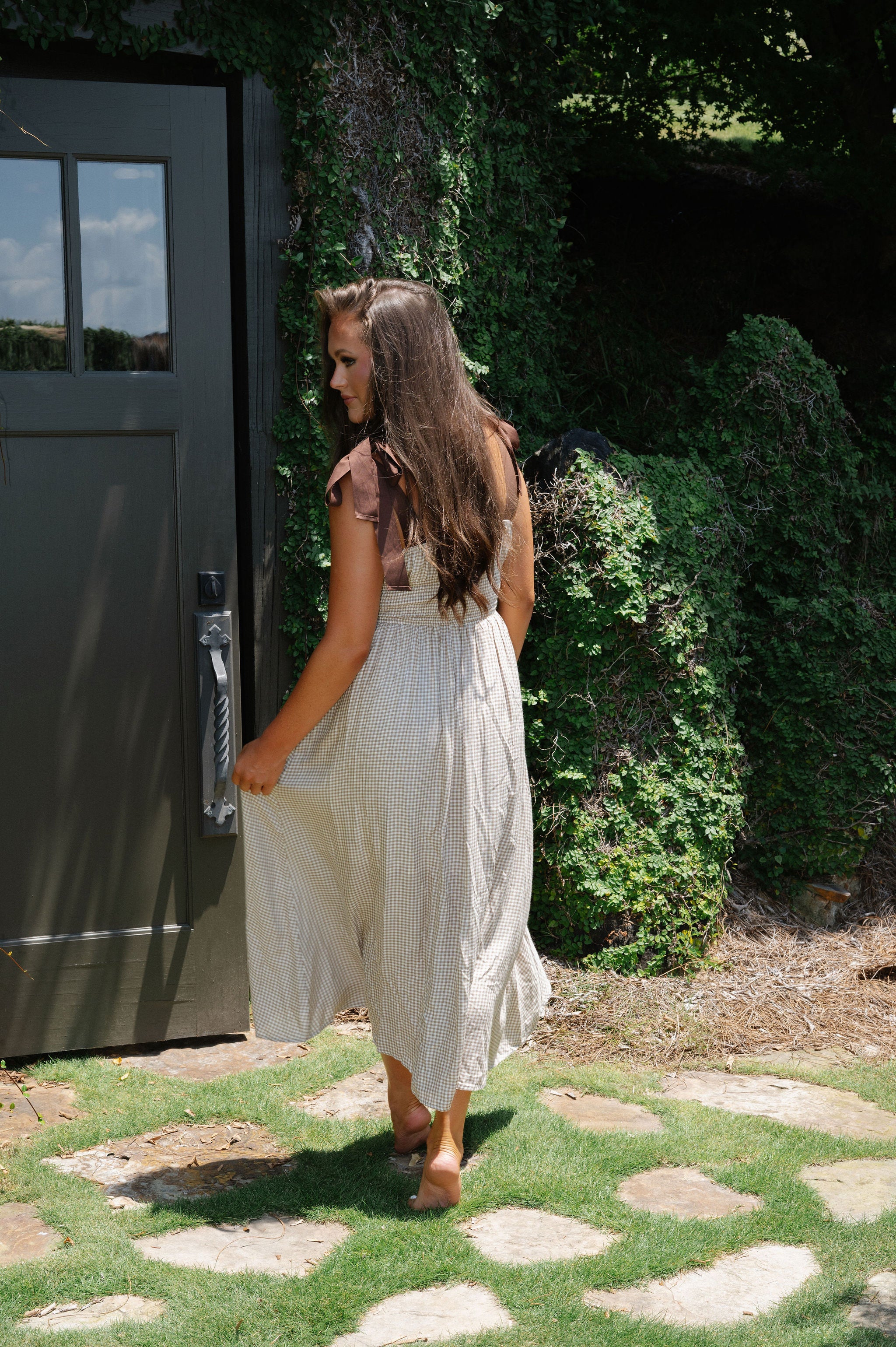 Gingham Ribbon Midi Dress-Khaki