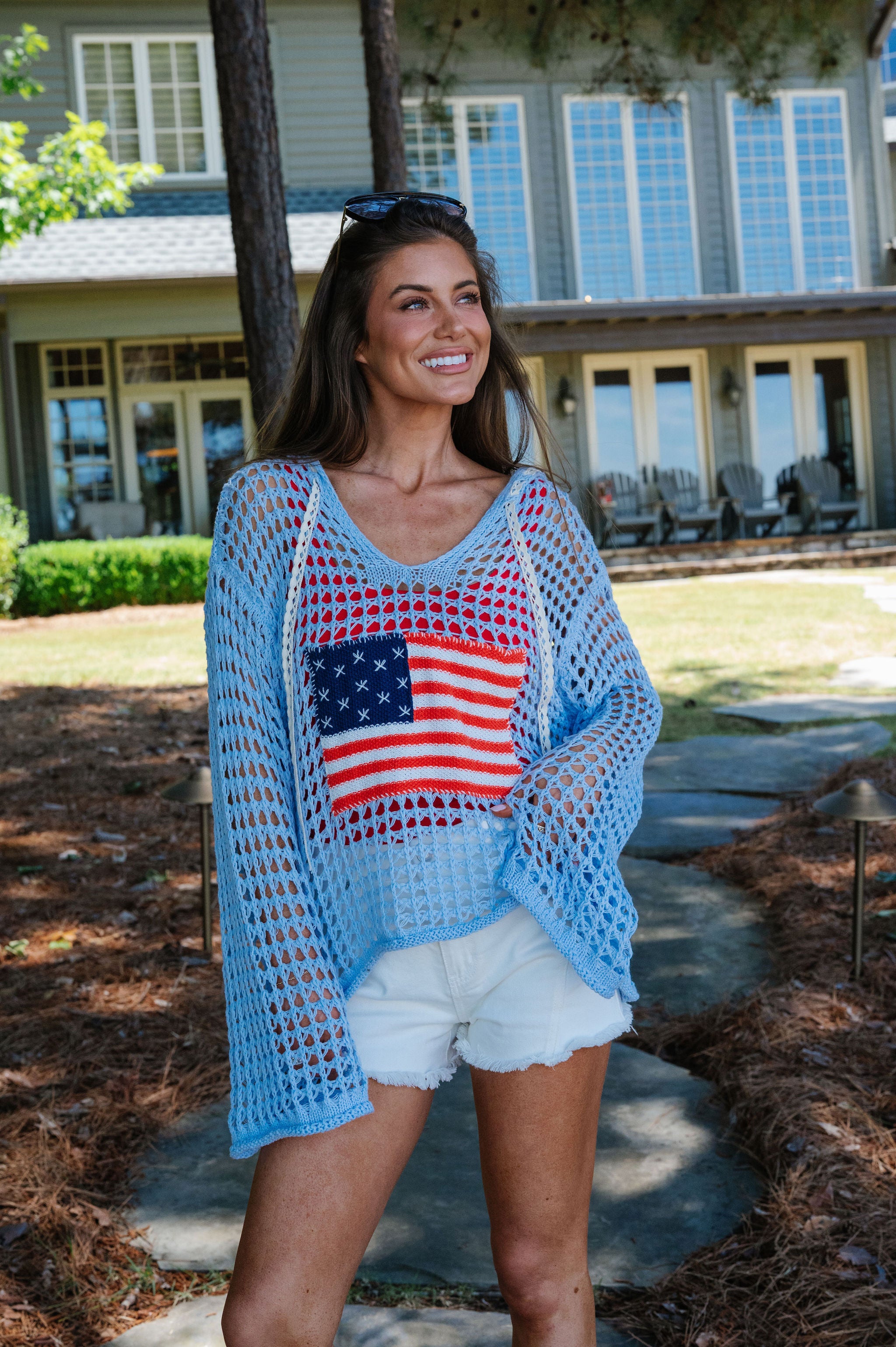 Patriotic Crochet Knit Hoodie-Sky Blue