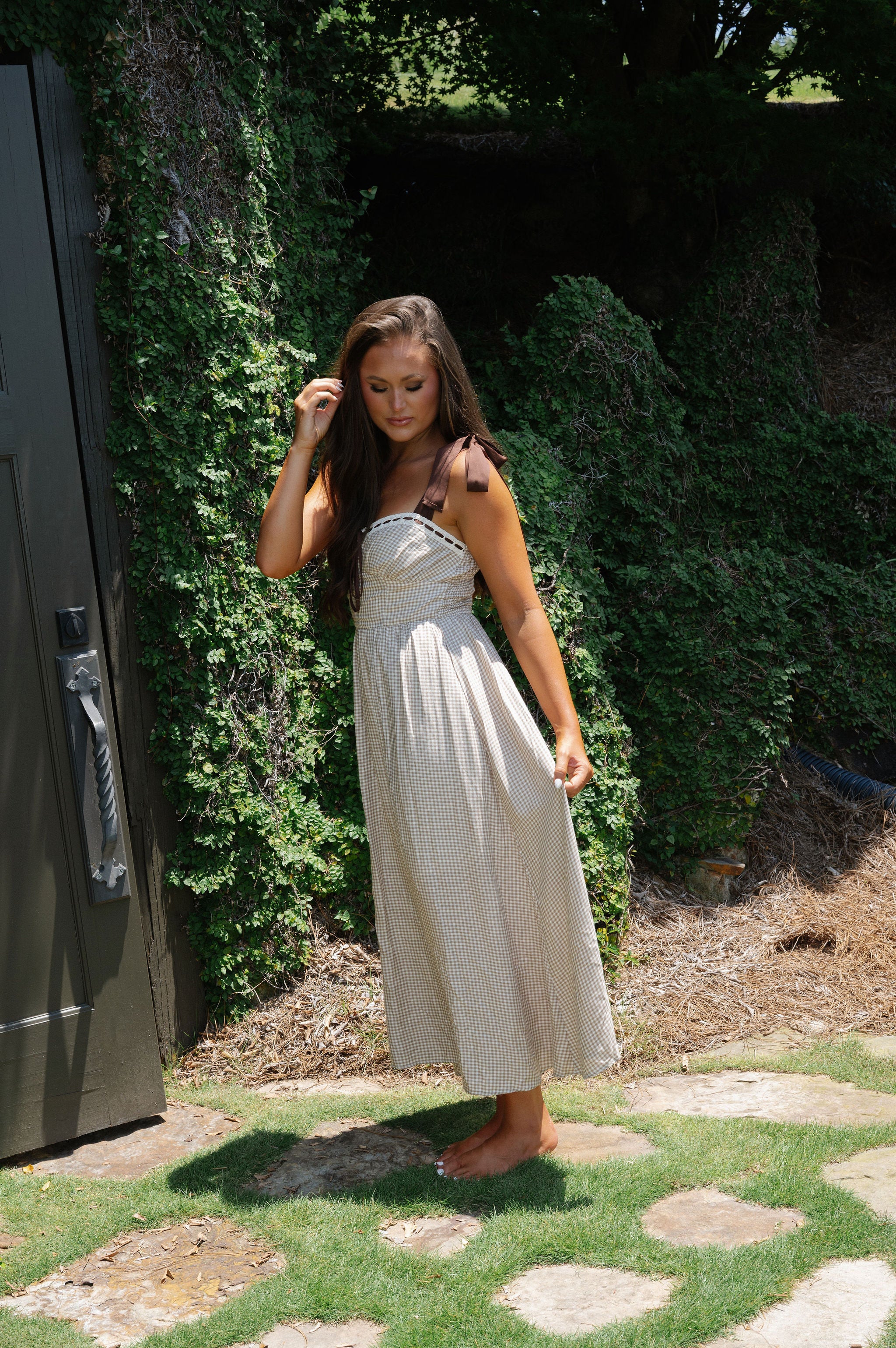 Gingham Ribbon Midi Dress-Khaki