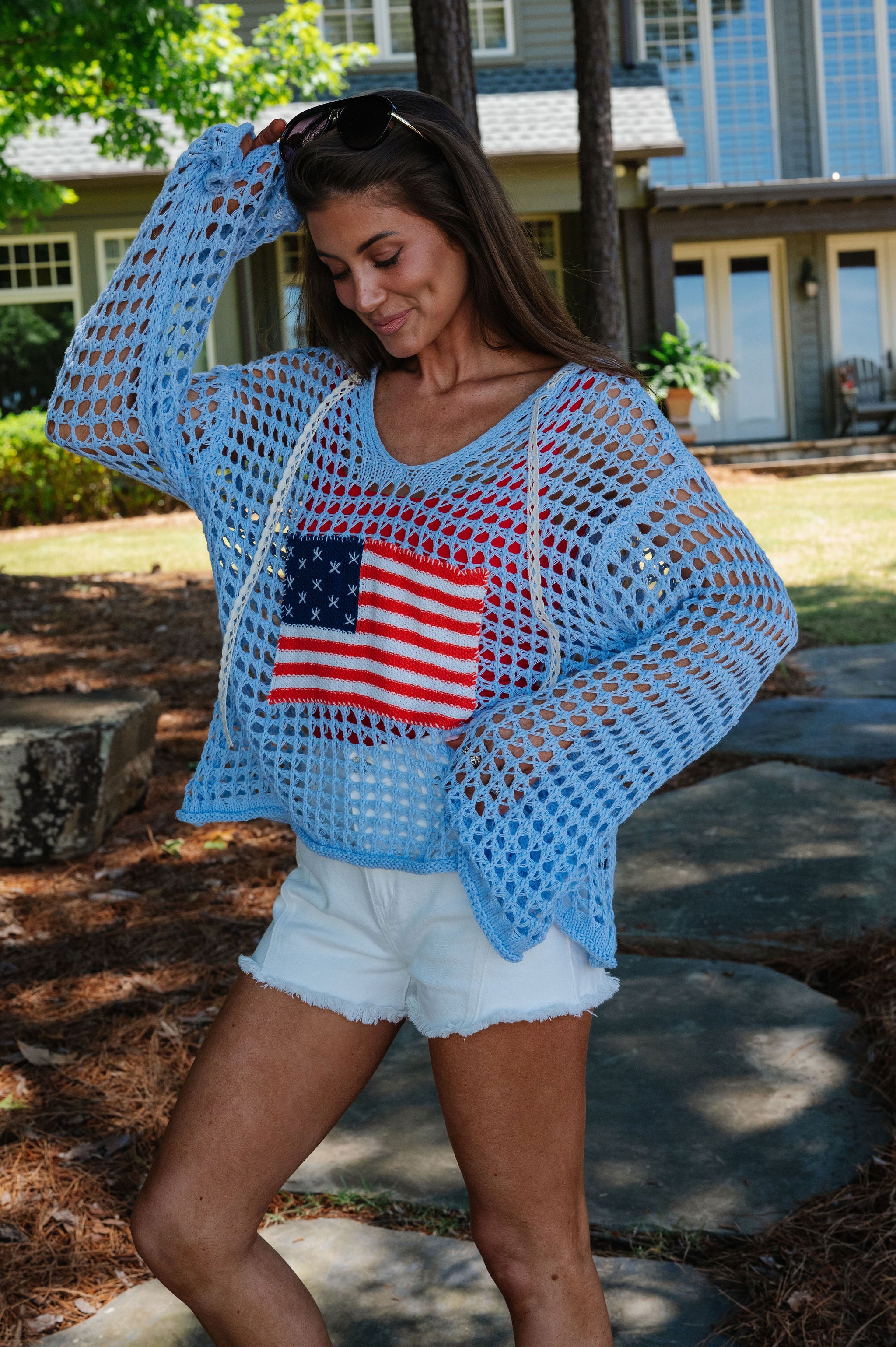 Patriotic Crochet Knit Hoodie-Sky Blue