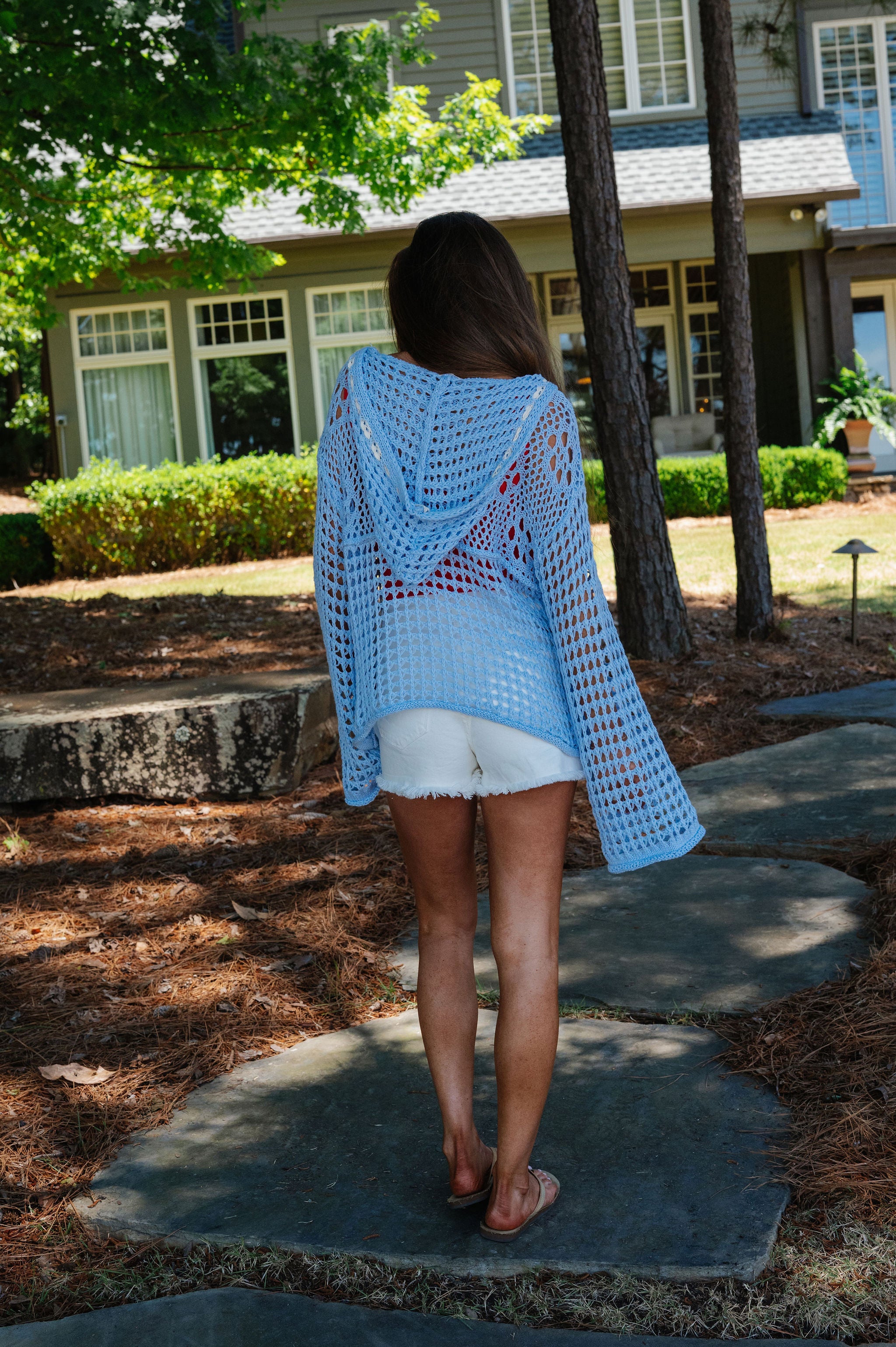 Patriotic Crochet Knit Hoodie-Sky Blue