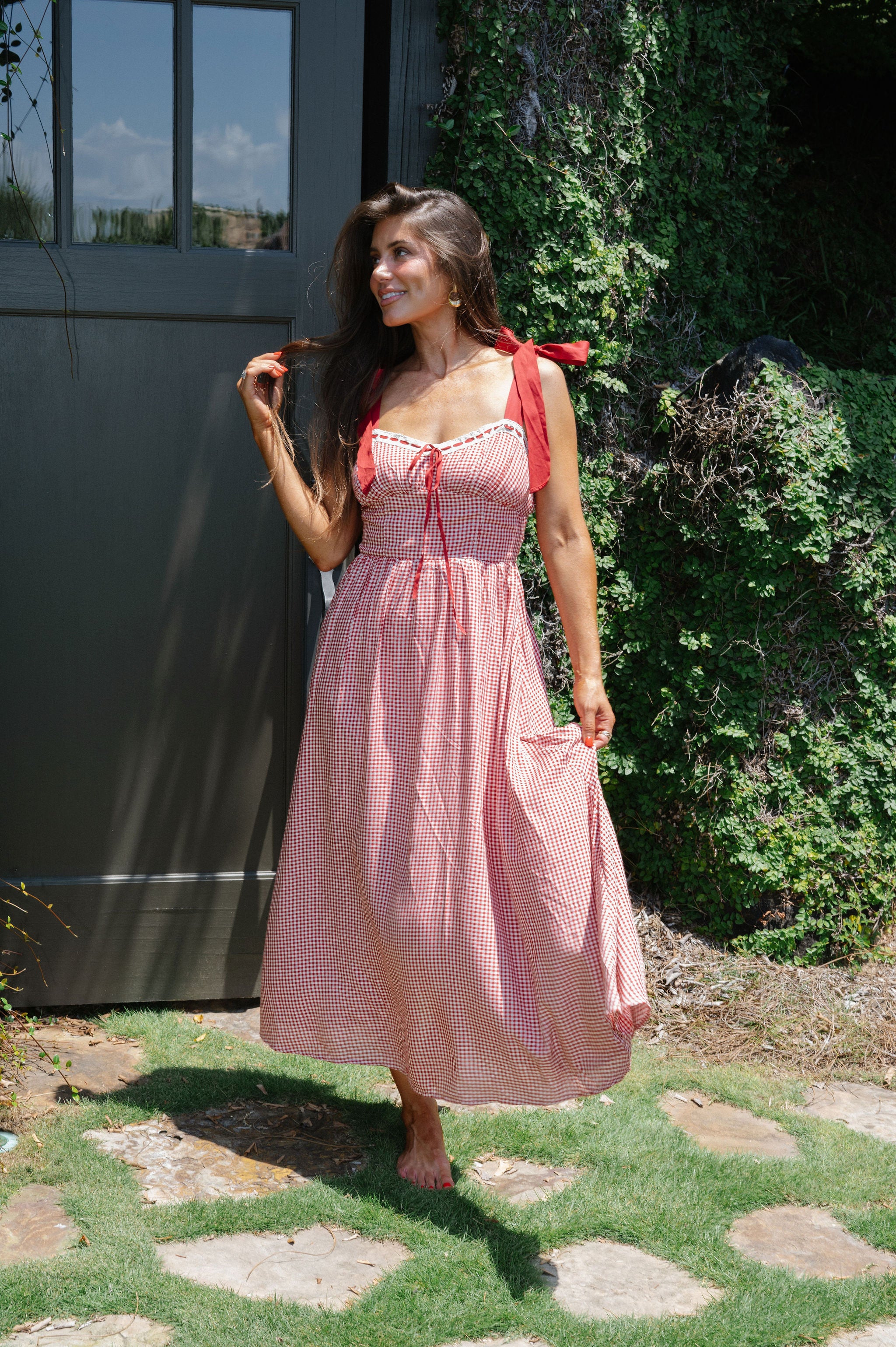 Gingham Ribbon Midi Dress-Red
