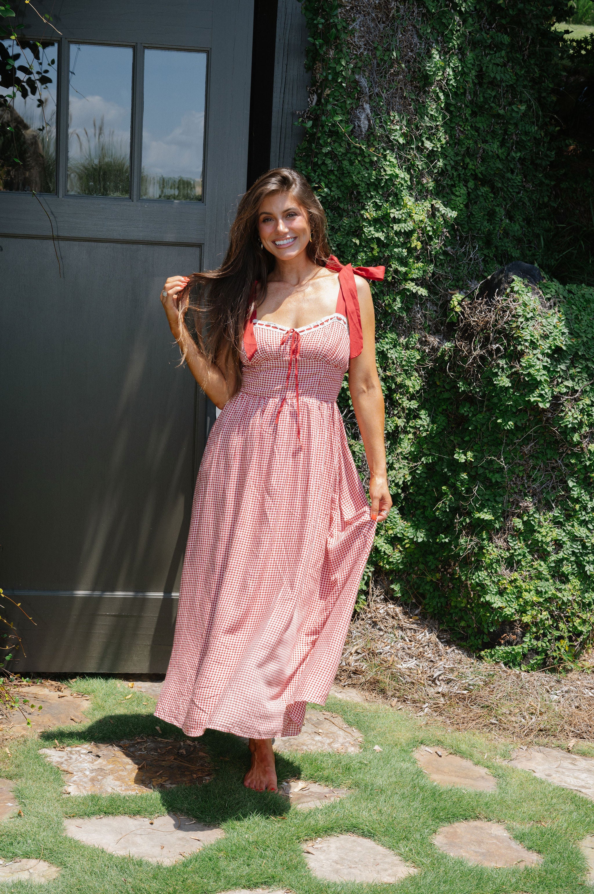Gingham Ribbon Midi Dress-Red