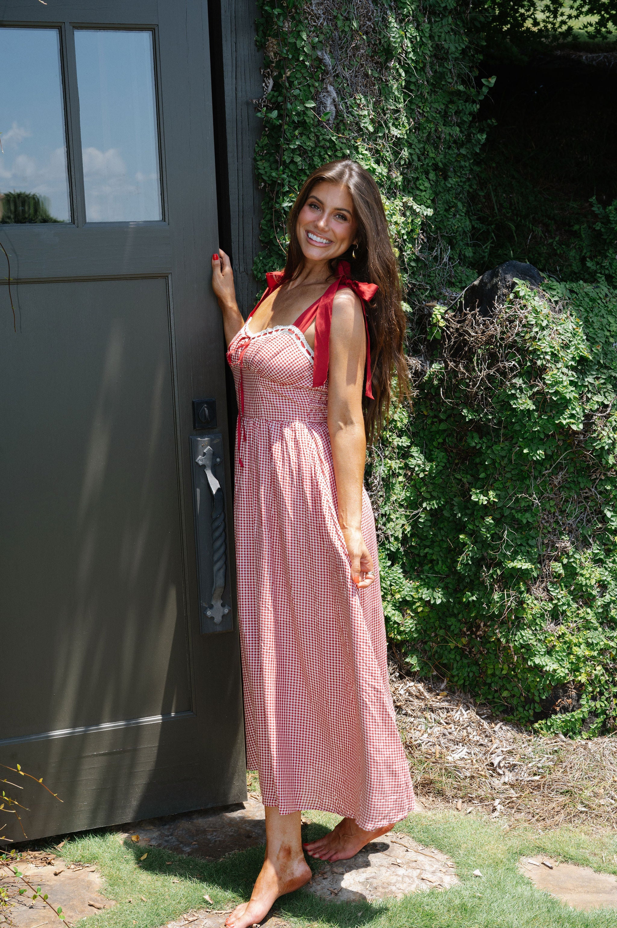 Gingham Ribbon Midi Dress-Red