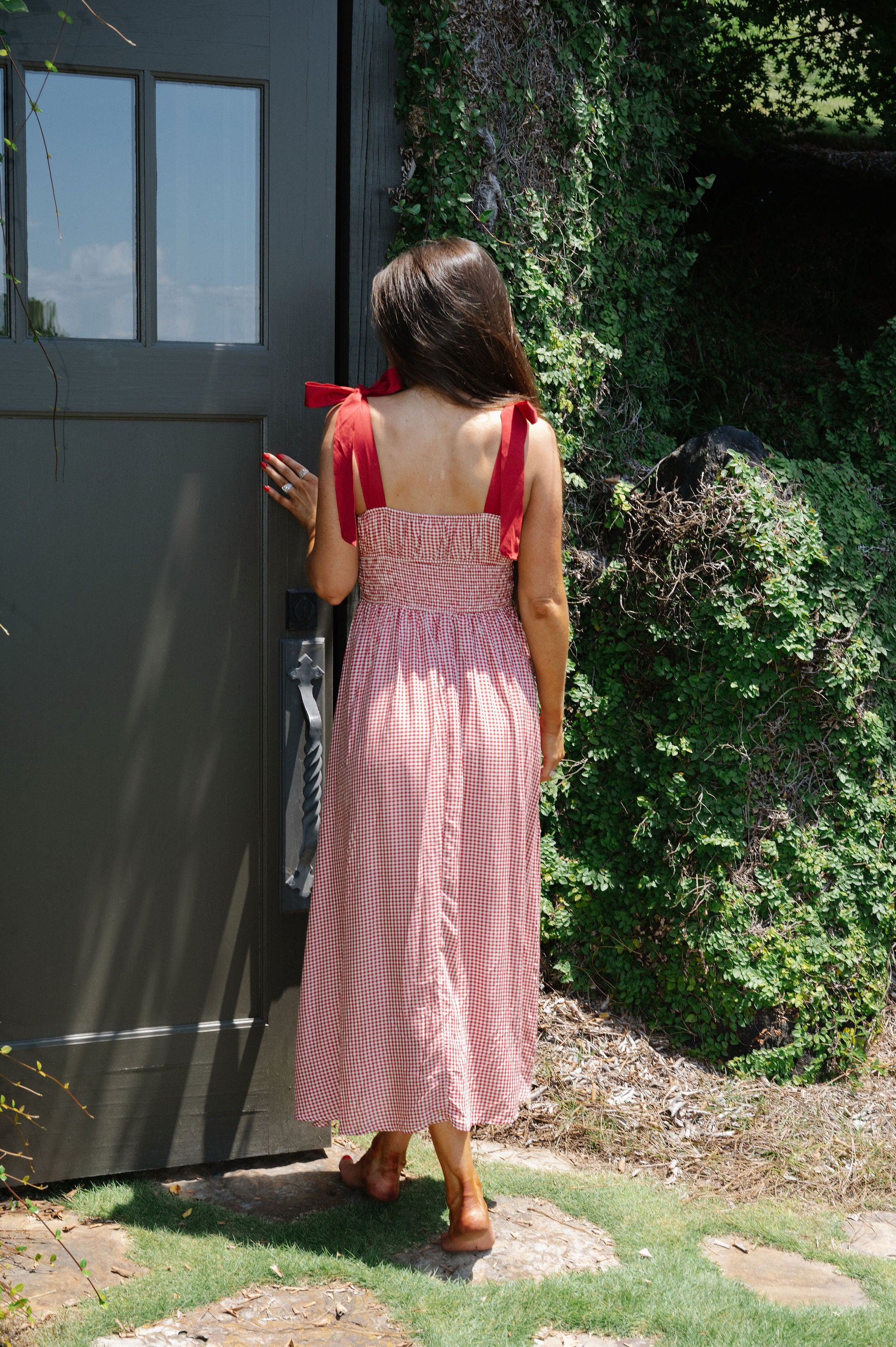 Gingham Ribbon Midi Dress-Red