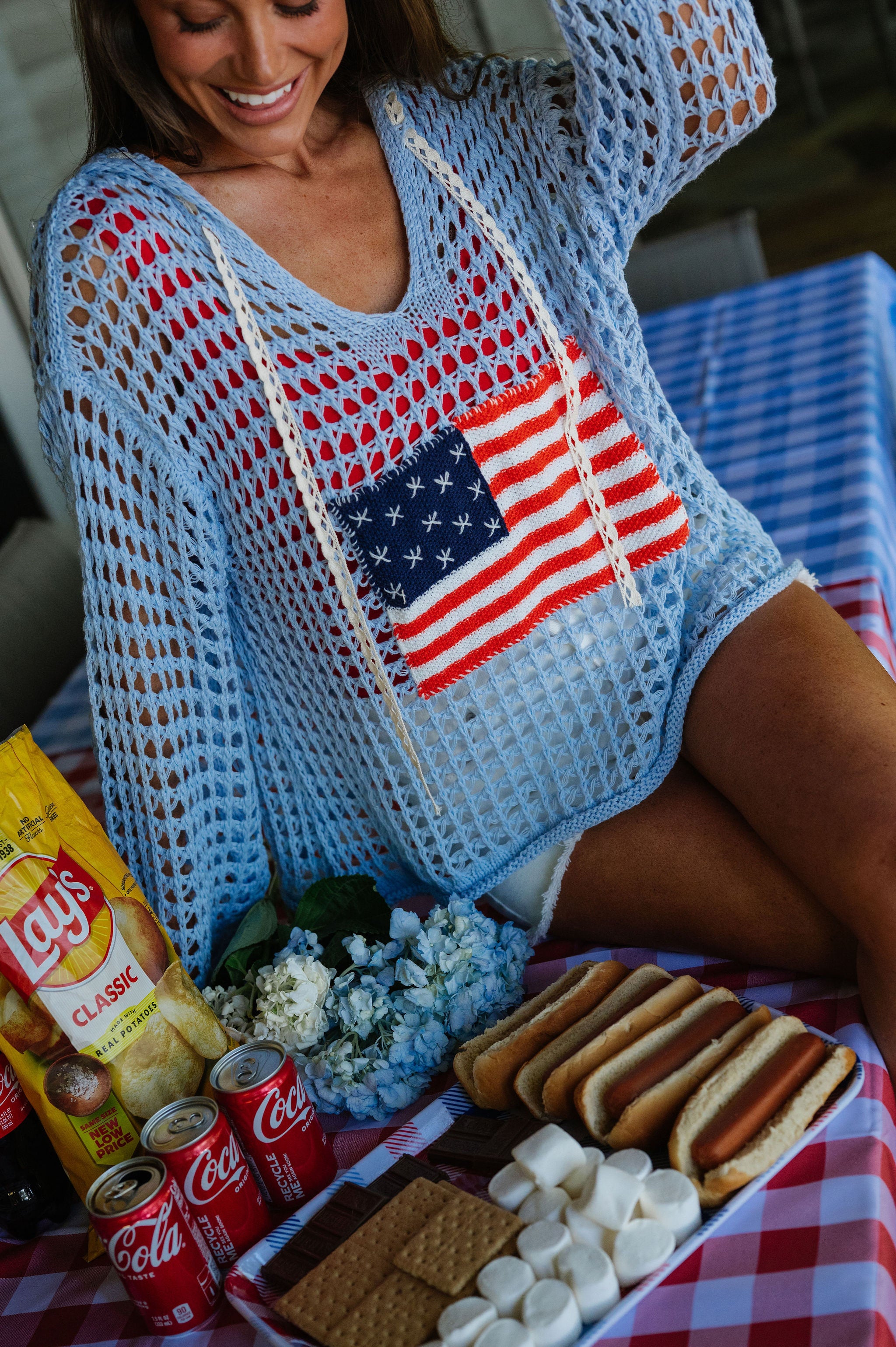 Patriotic Crochet Knit Hoodie-Sky Blue
