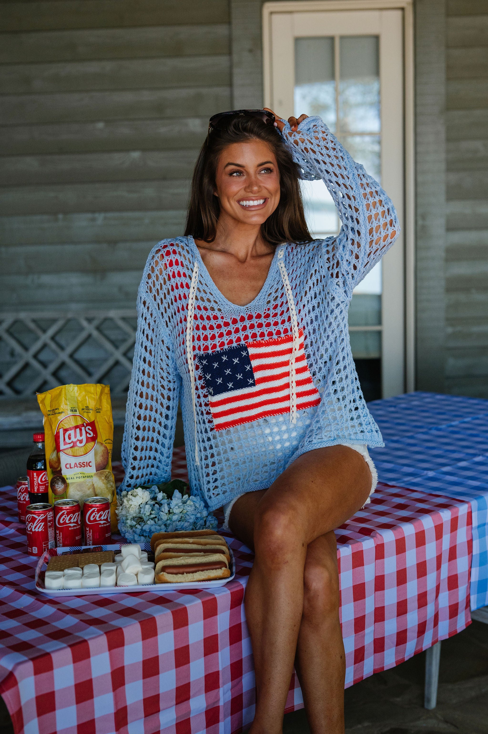 Patriotic Crochet Knit Hoodie-Sky Blue