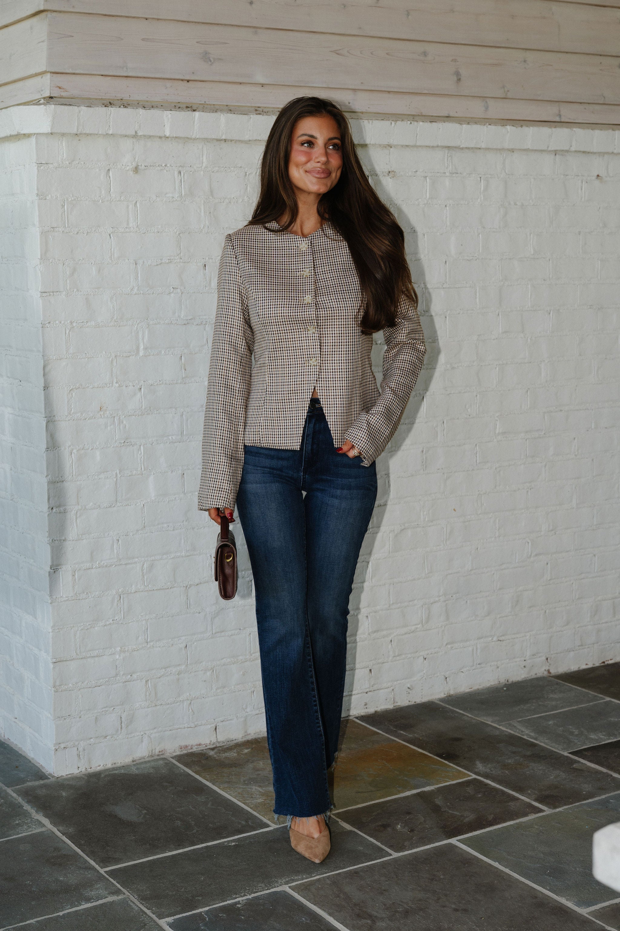 Nora Front Button Top-Brown/Plaid