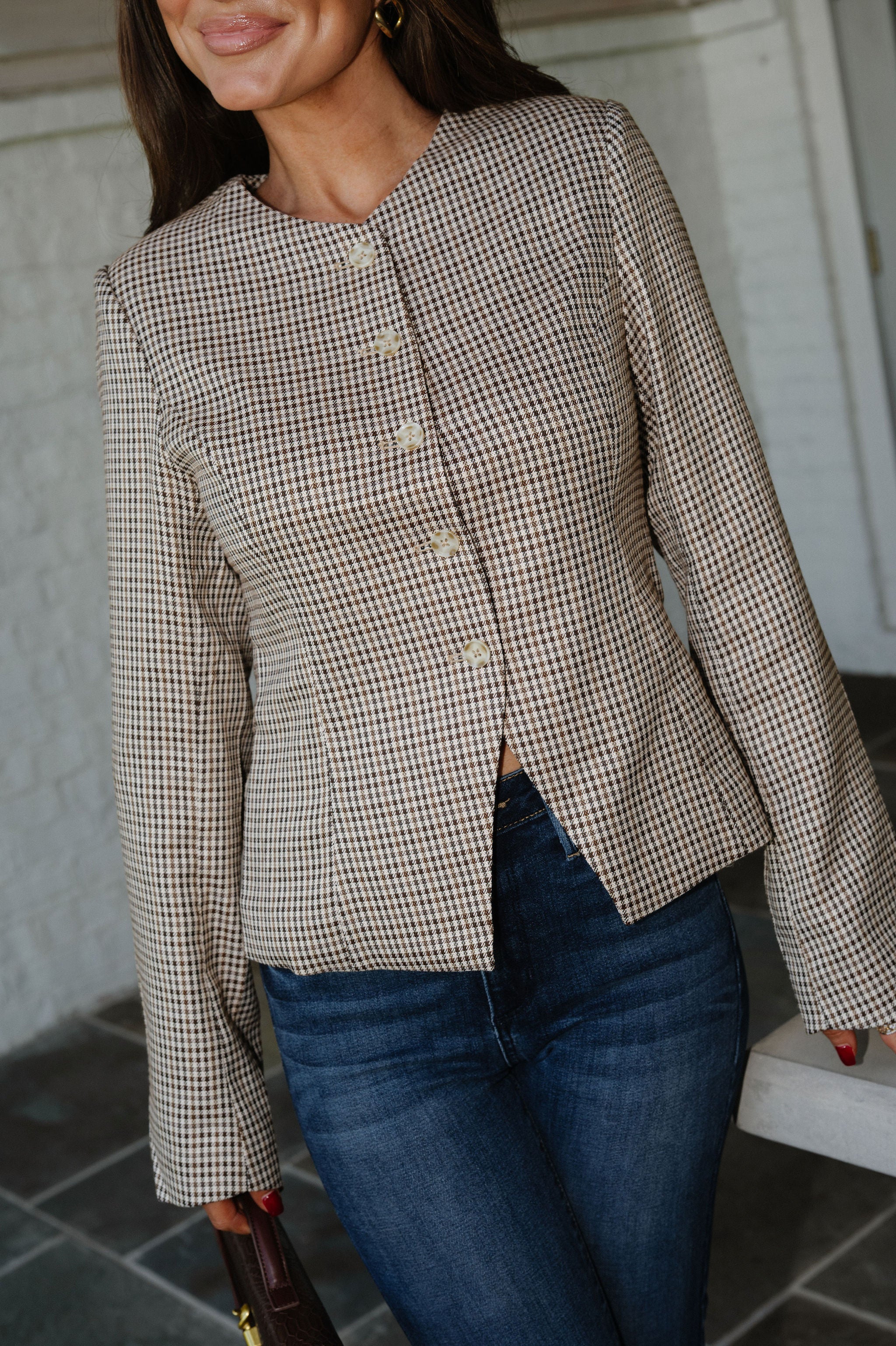 Nora Front Button Top-Brown/Plaid