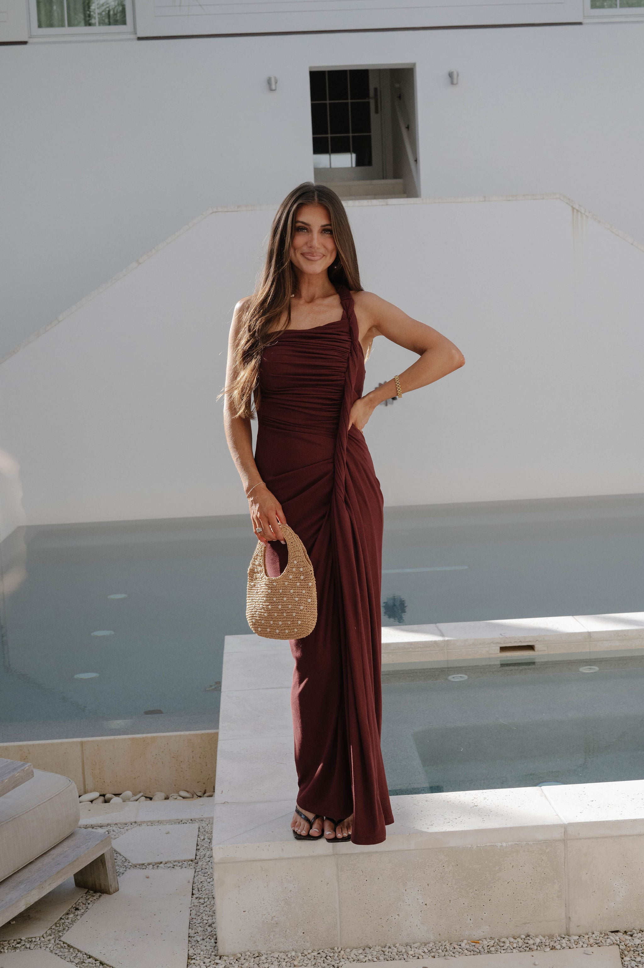 Twisted Drape Maxi Dress-Burgundy