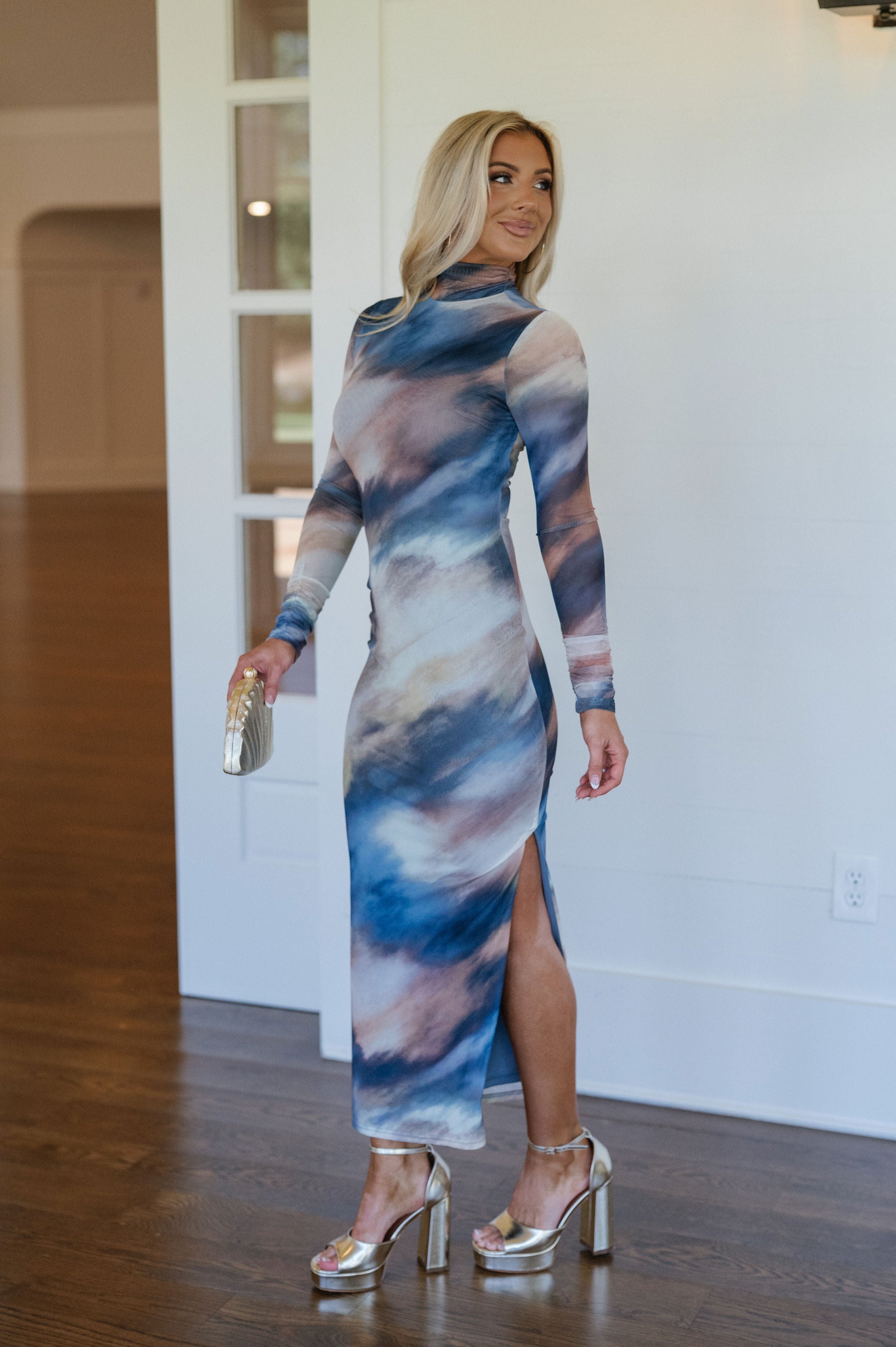Kendall Mock Neck Mesh Midi Dress-Blue Multi