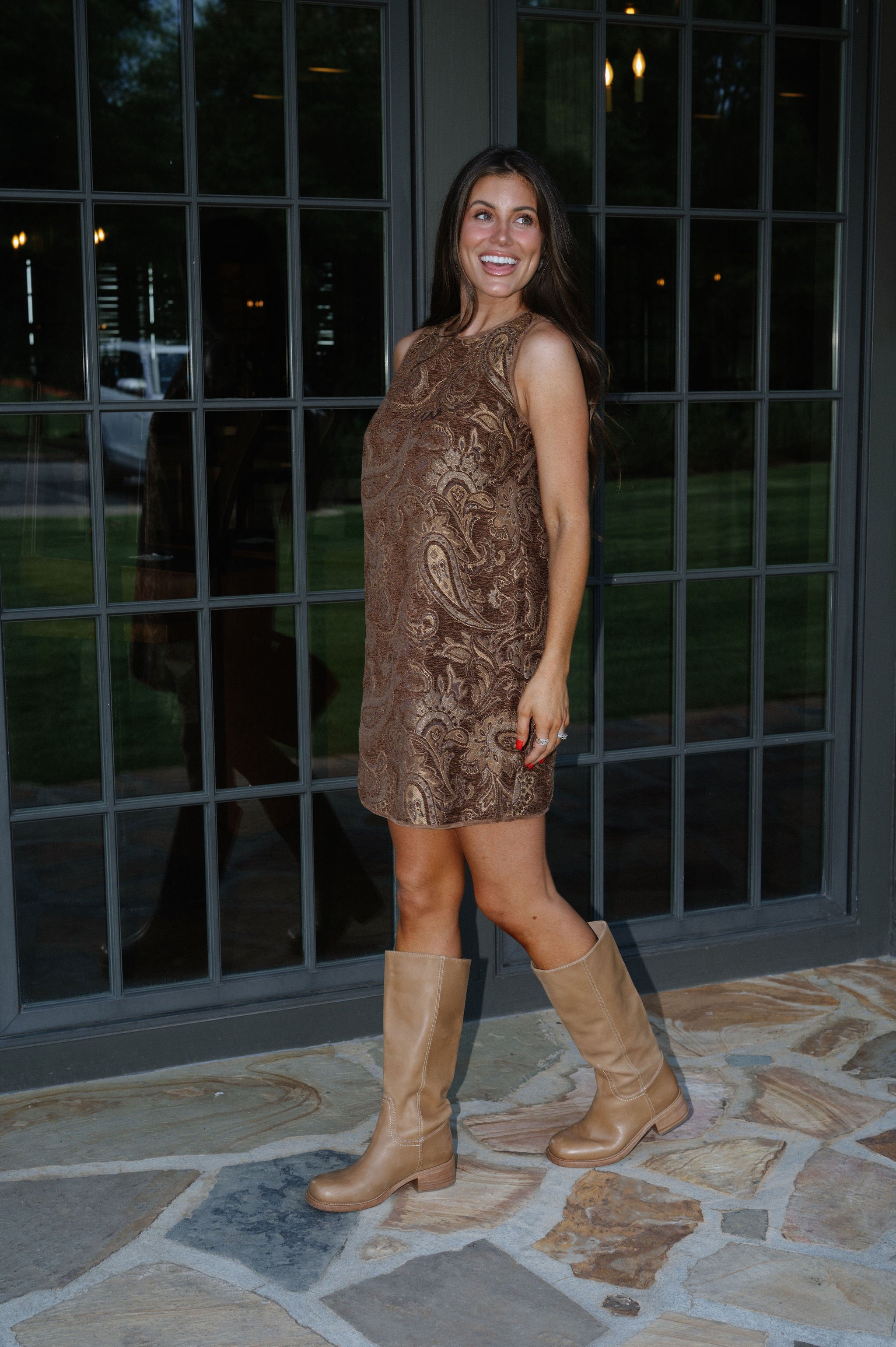 Corbin Paisley Mini Dress-Brown