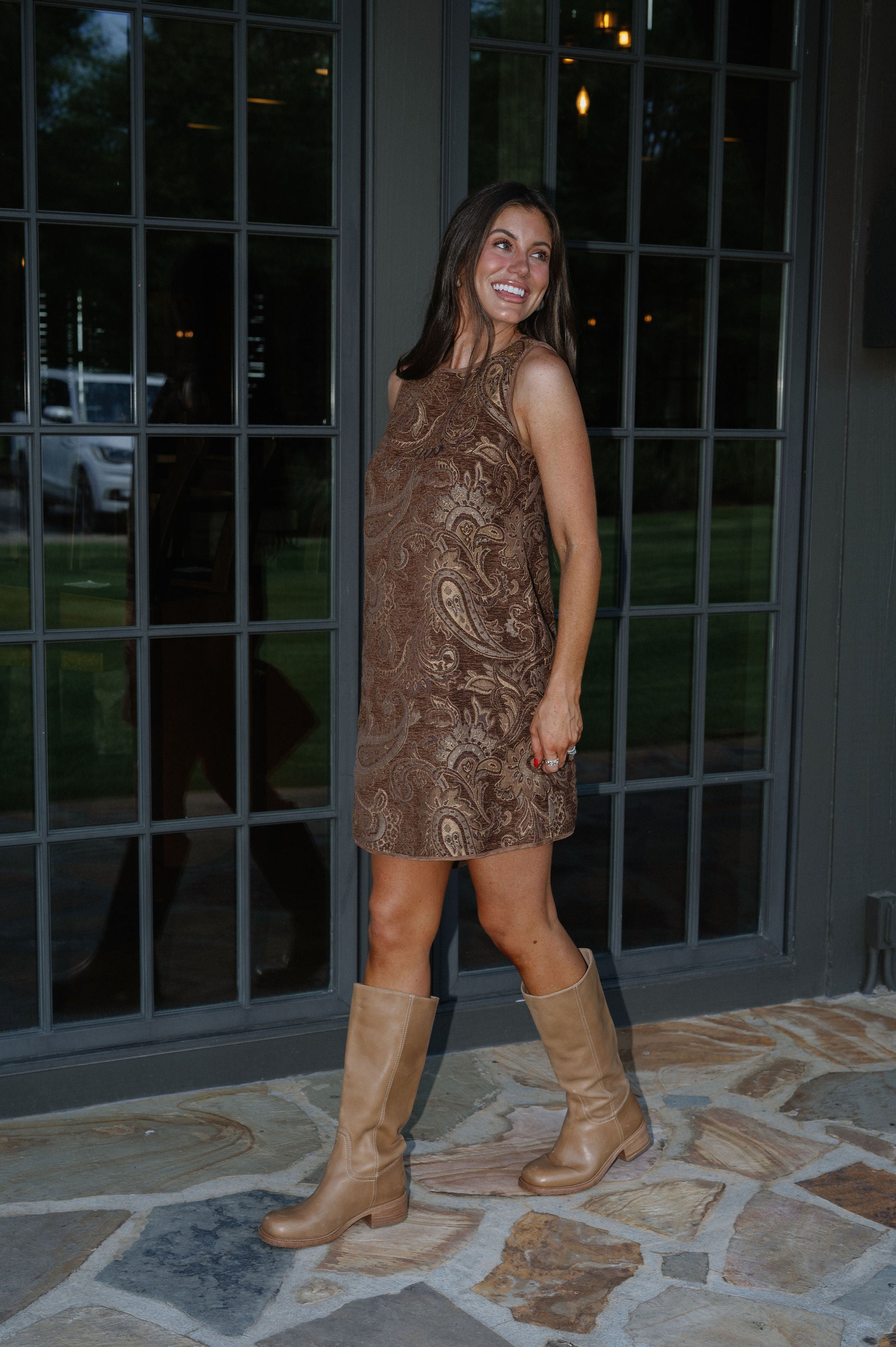 Corbin Paisley Mini Dress-Brown