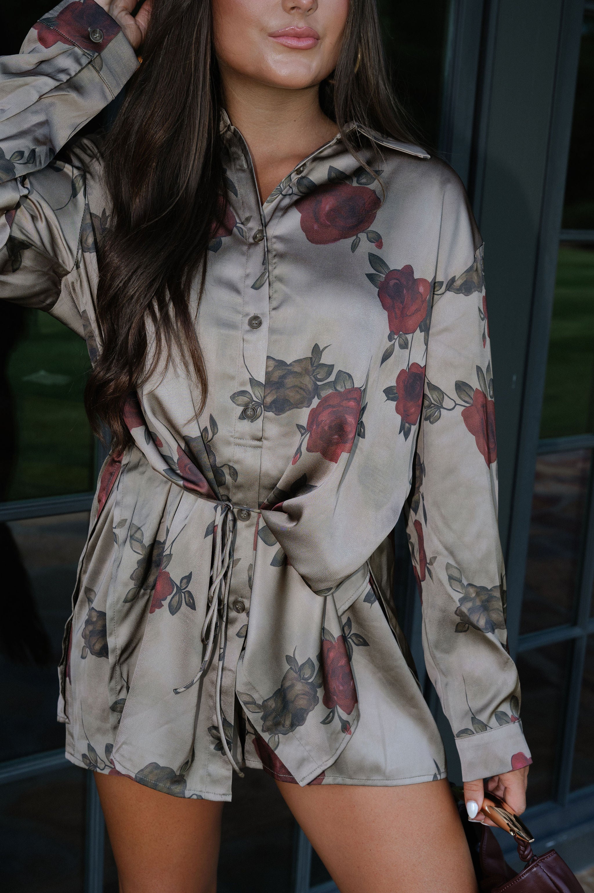 Belted Button-Up Shirt Romper-Olive