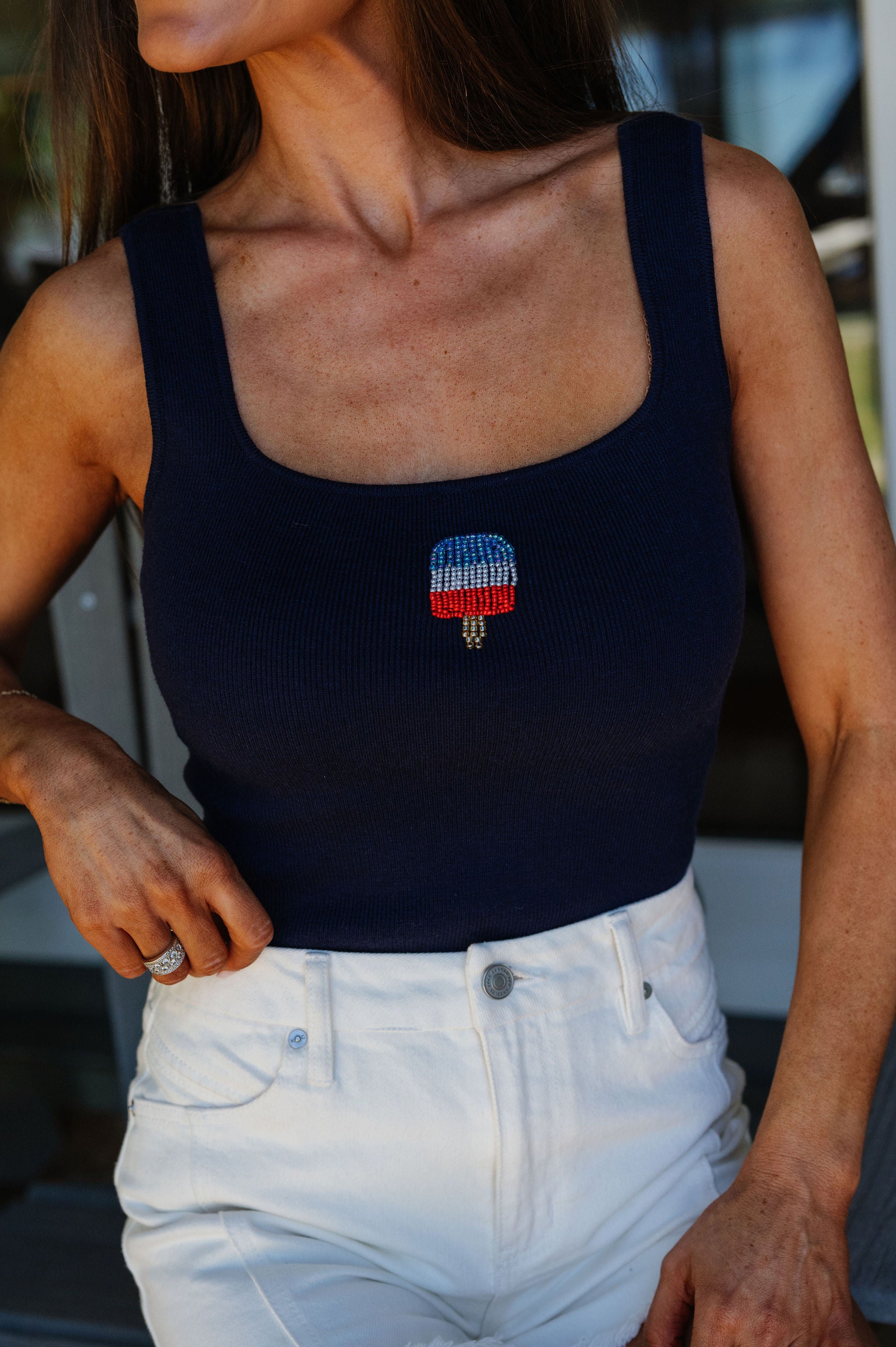 Beaded Popsicle Ribbed Top-Navy