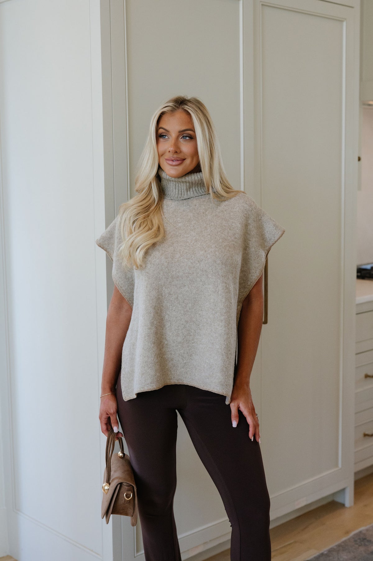 Riley Turtleneck Knit Sweater-Taupe