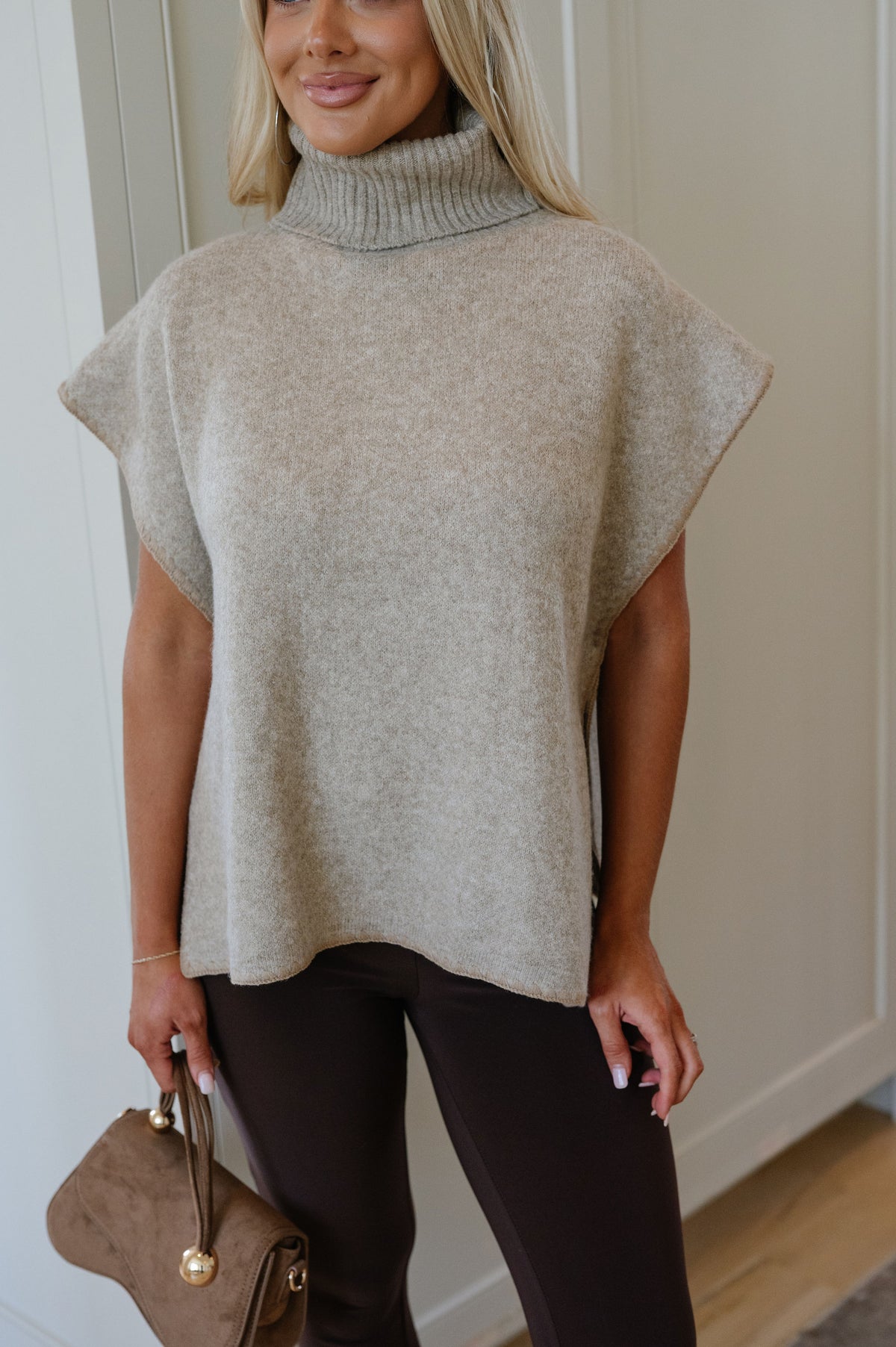 Riley Turtleneck Knit Sweater-Taupe