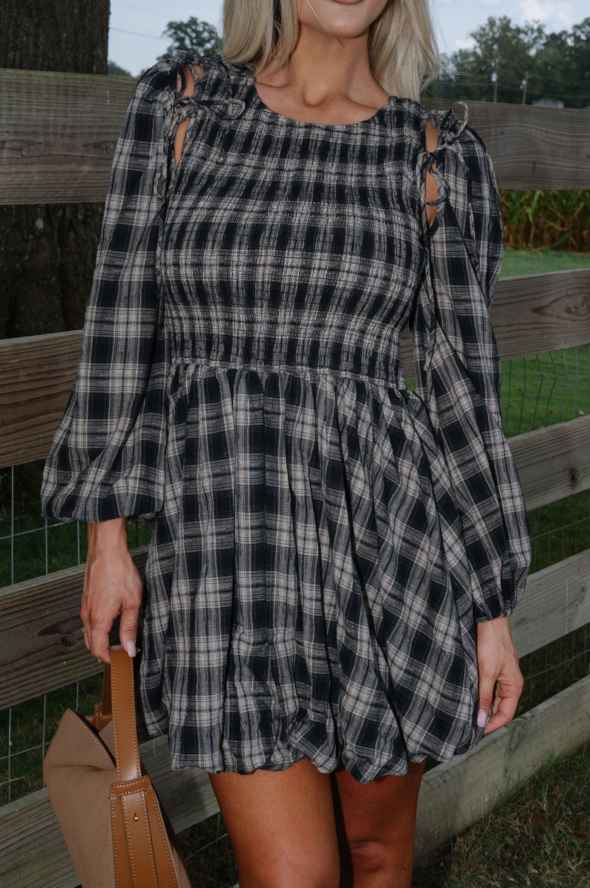 Plaid Flannel Smocked Bubble Mini Dress-Black