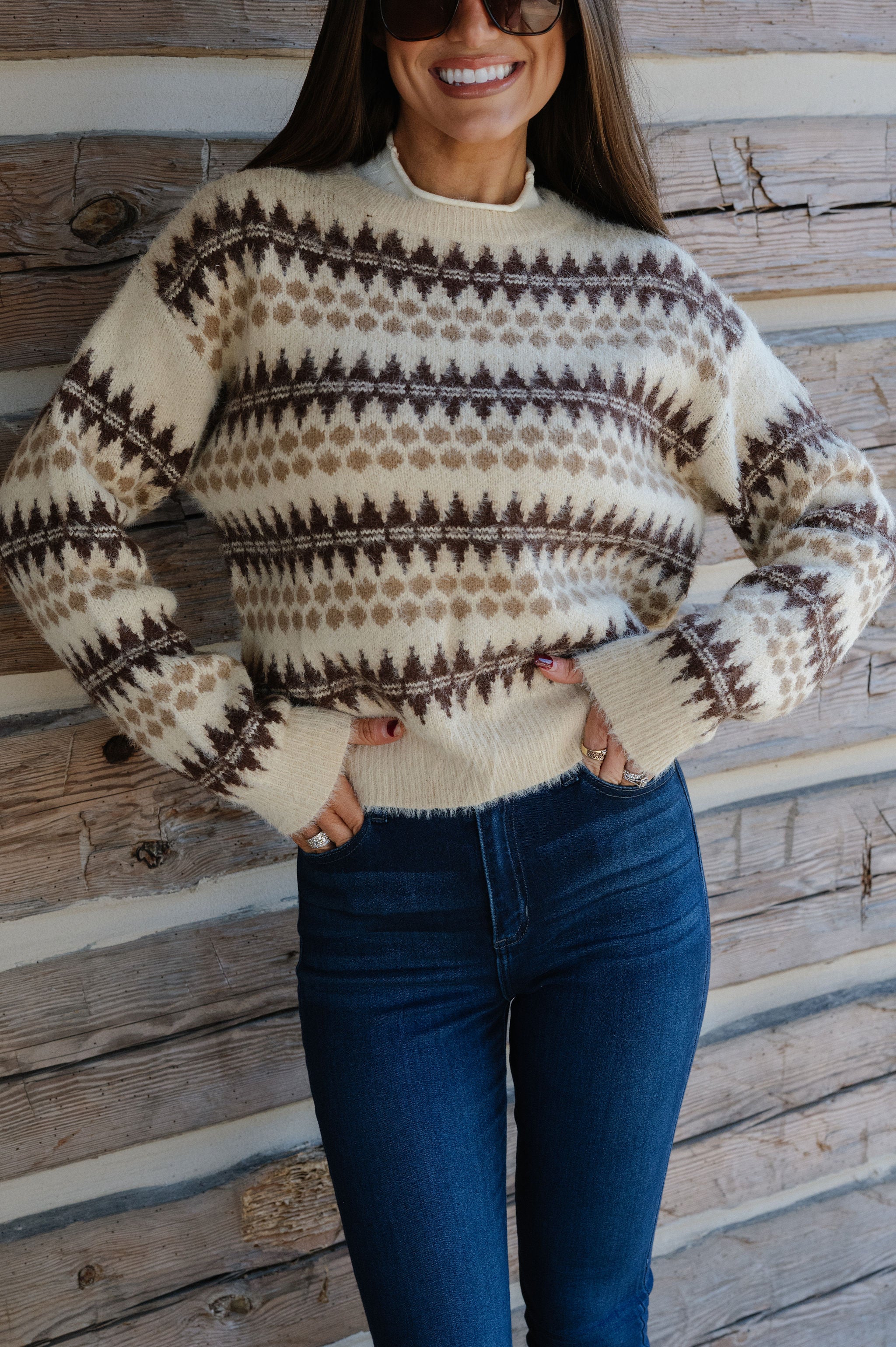 Emi Fair Isle Sweater-Ecru/Brown