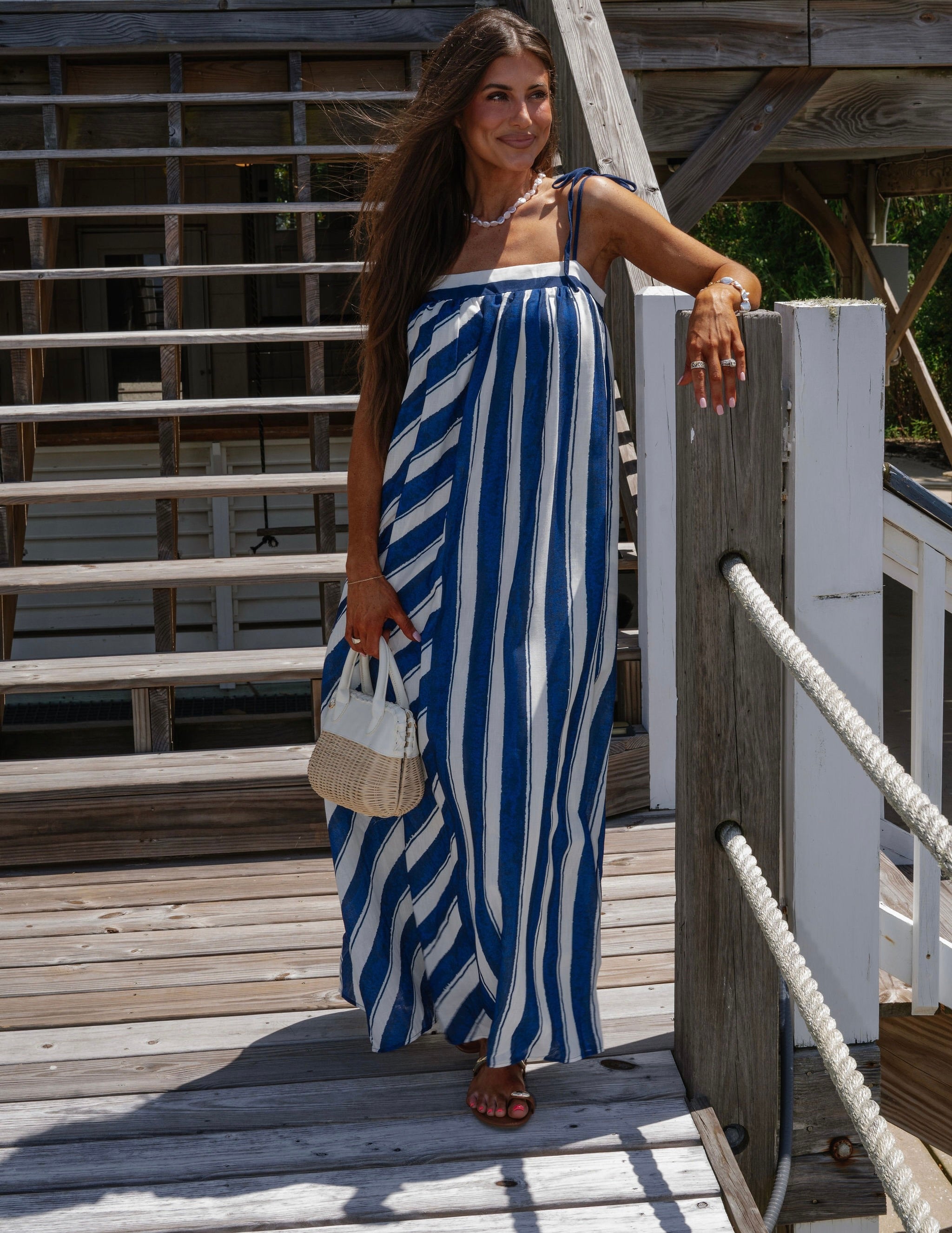 blue stripe maxi dress Shoulder Tie Striped Maxi Dress L