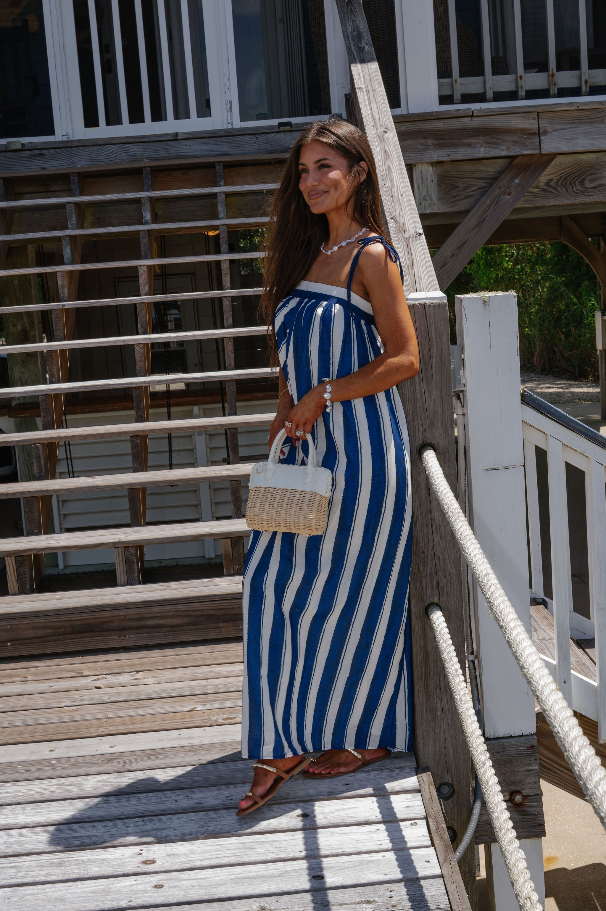 Shoulder Tie Striped Maxi Dress