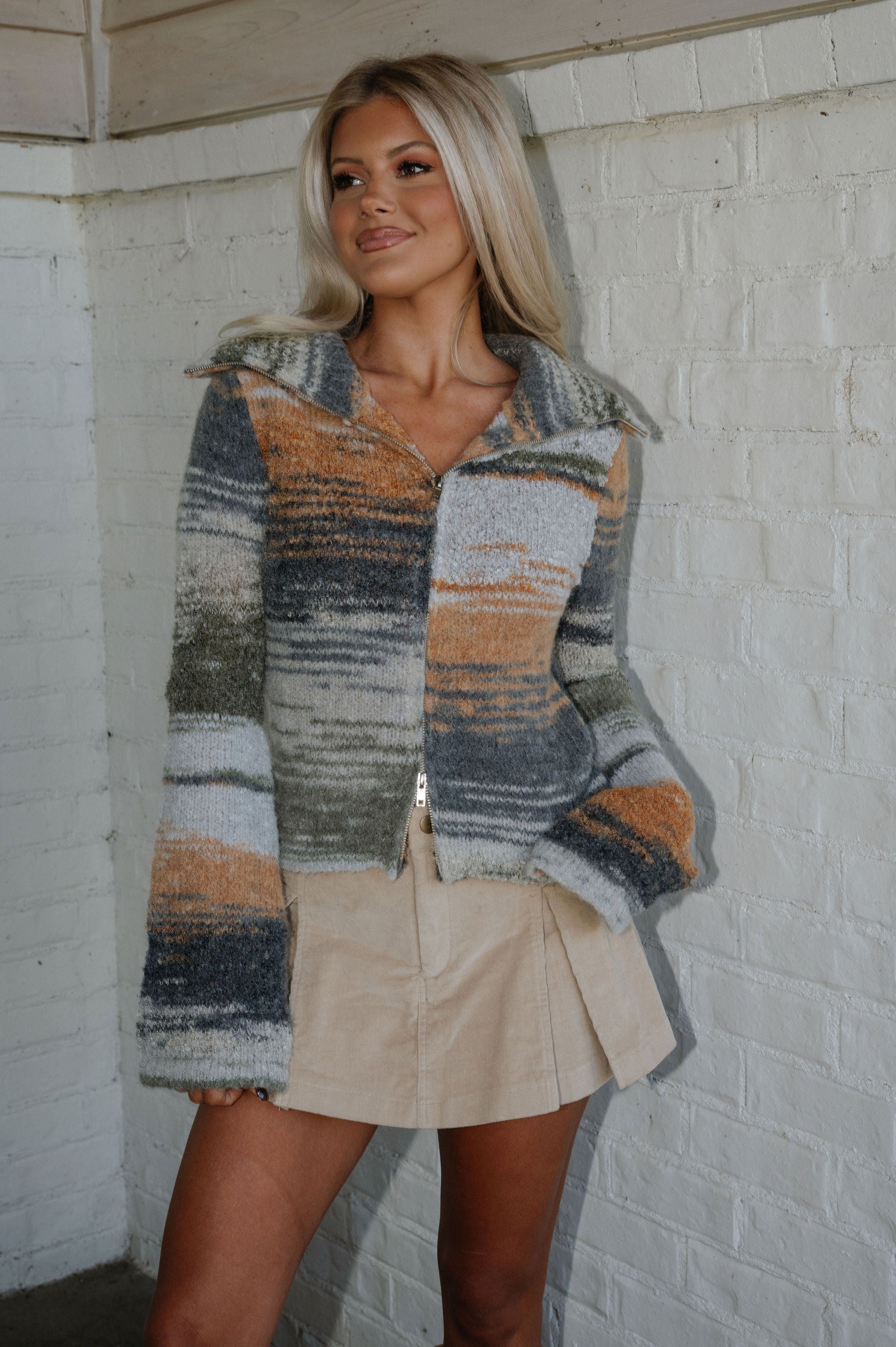 People Multi Zip Up Sweater-Olive Multi