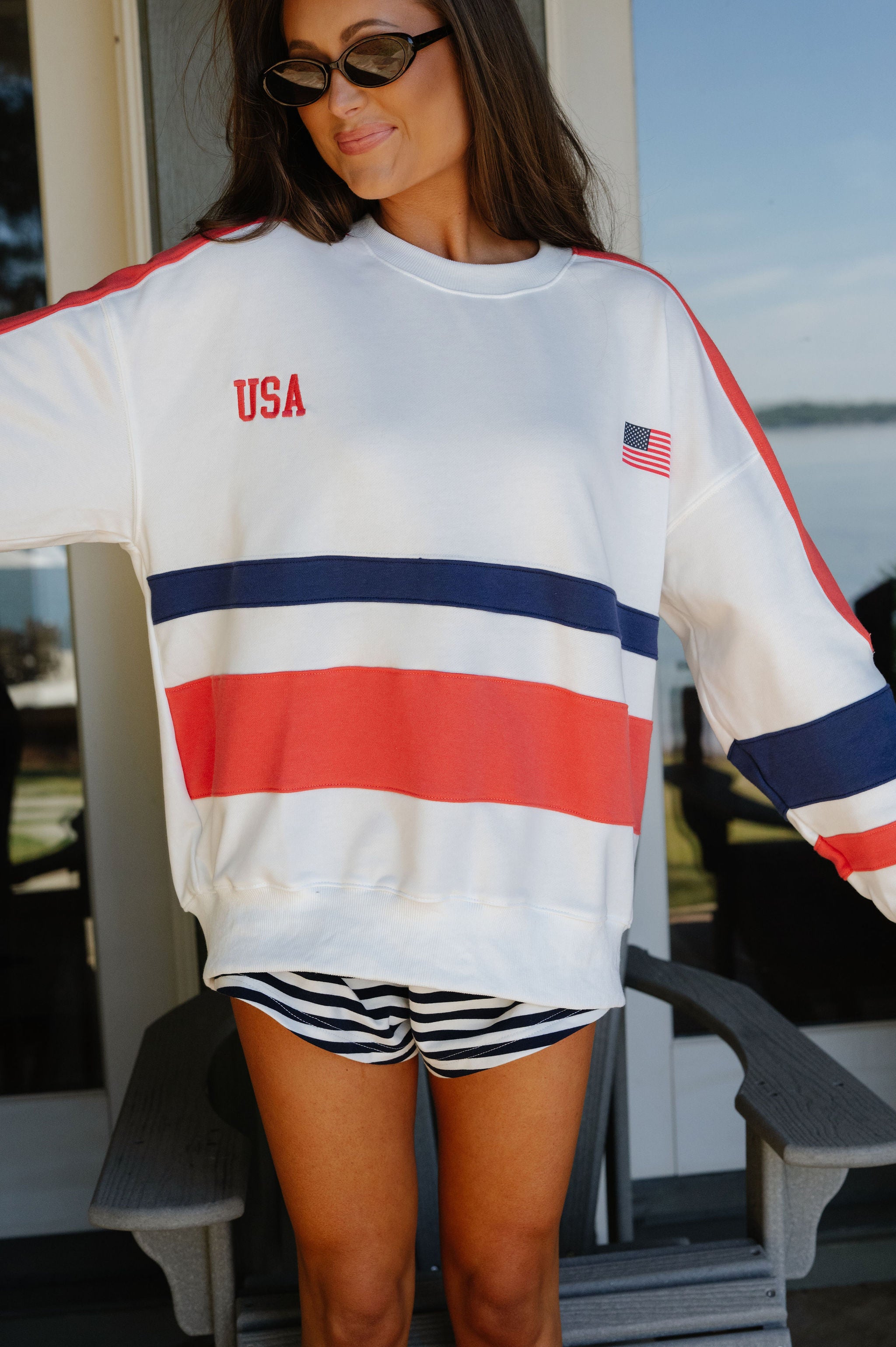 USA Crew Neck Color Block Oversized Sweatshirt
