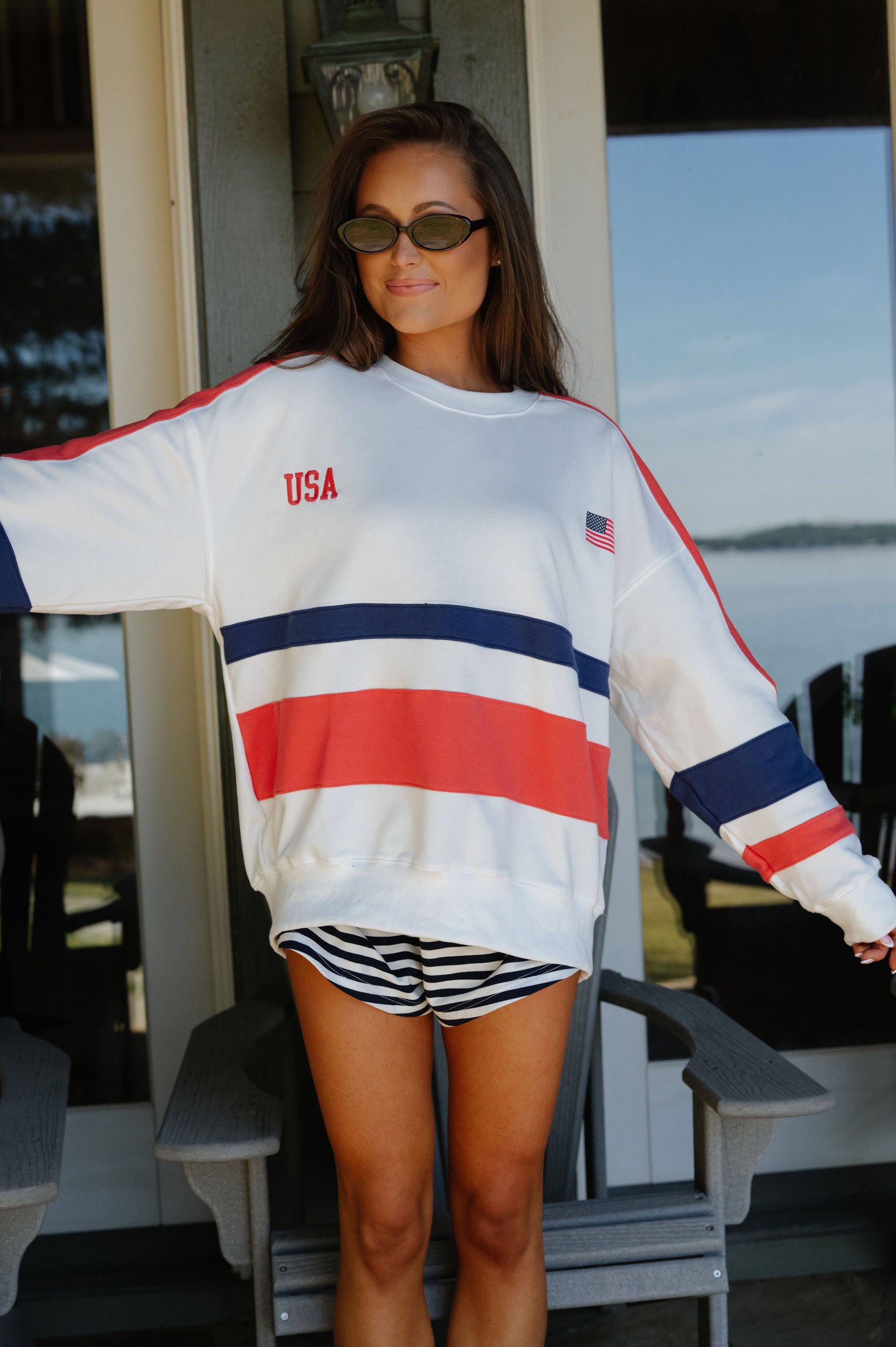 USA Crew Neck Color Block Oversized Sweatshirt