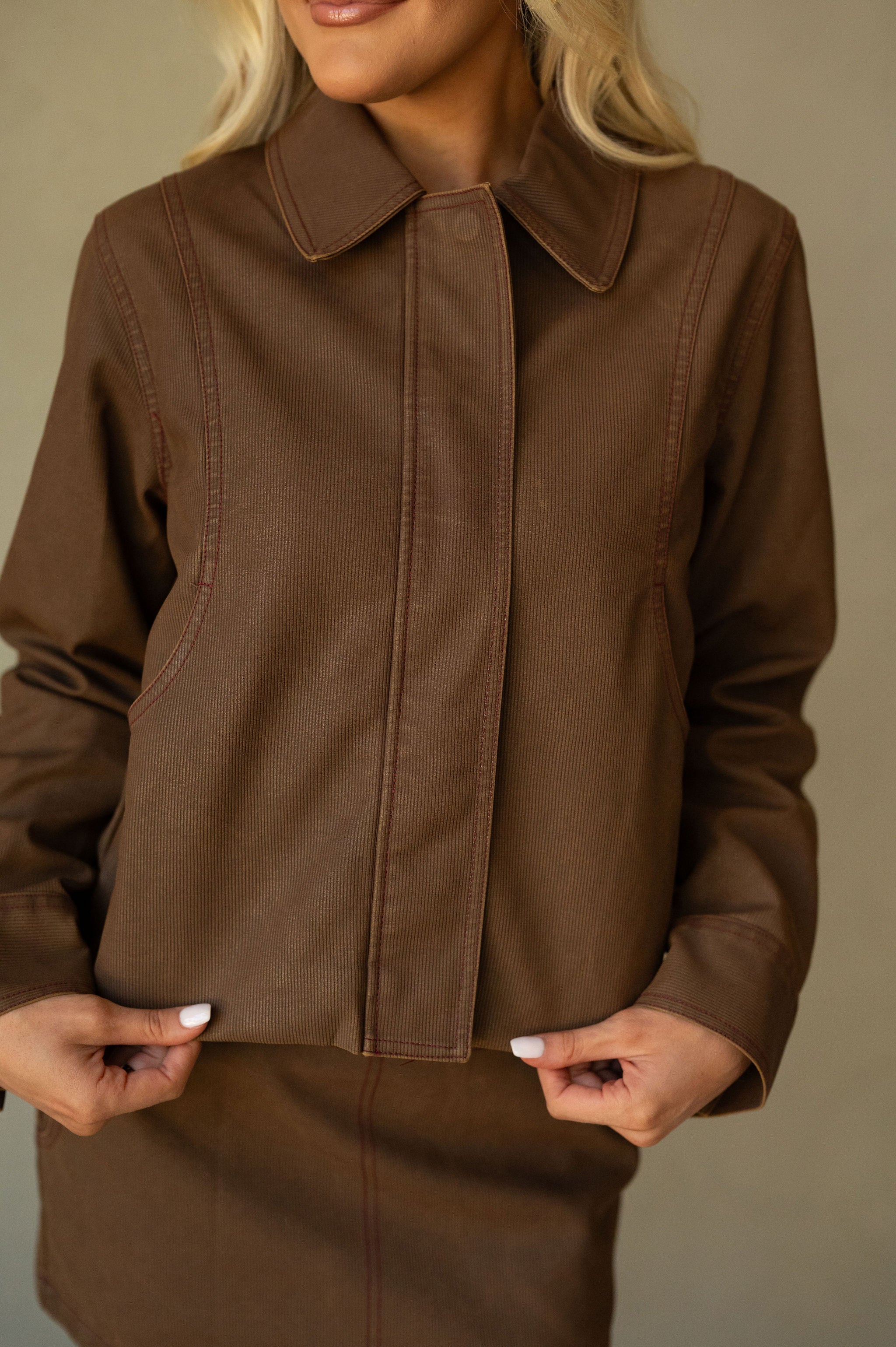 Contrast Stitch Skirt Set-Camel