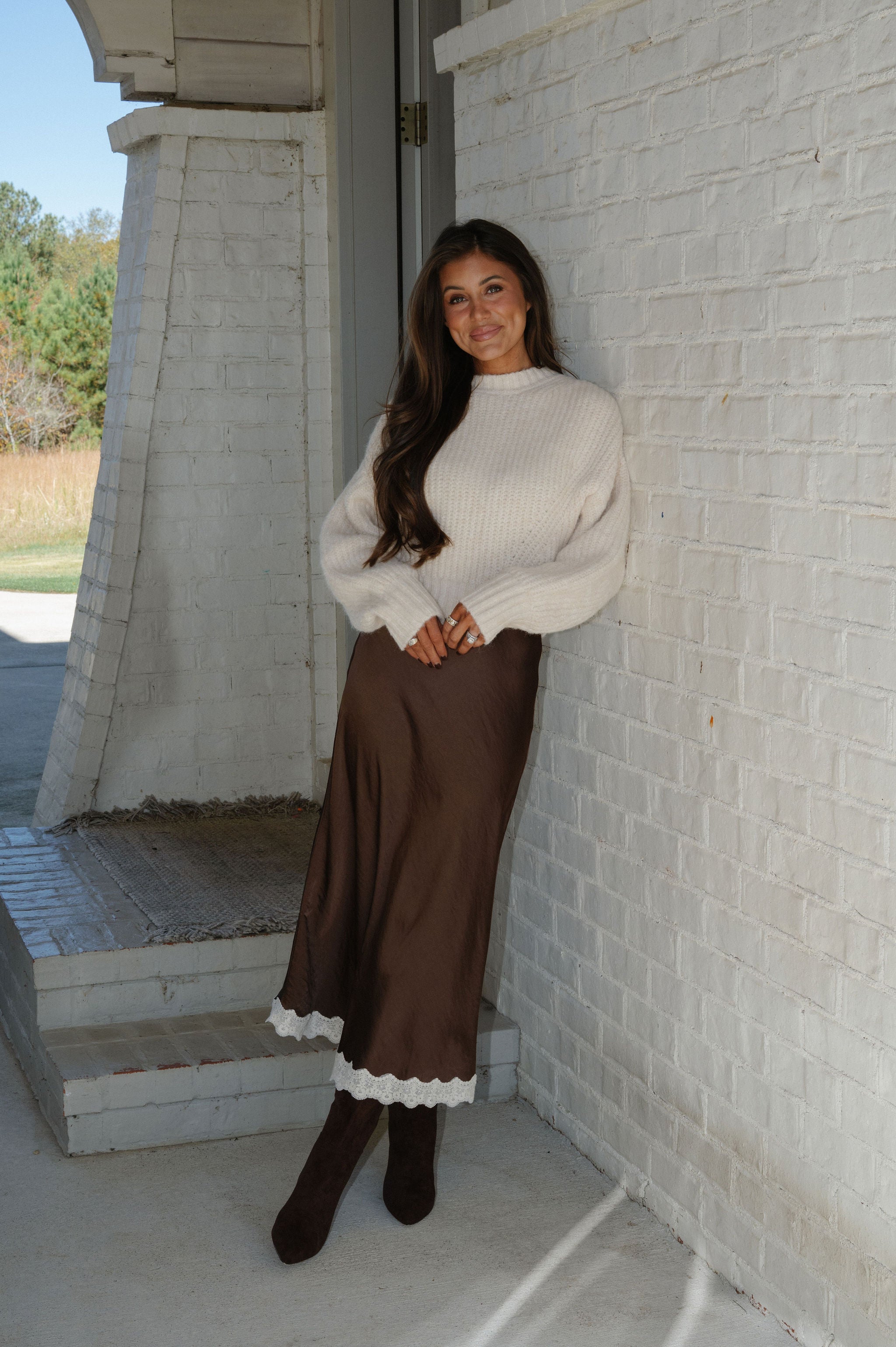 Lace Trimmed Midi Skirt-Dark Brown