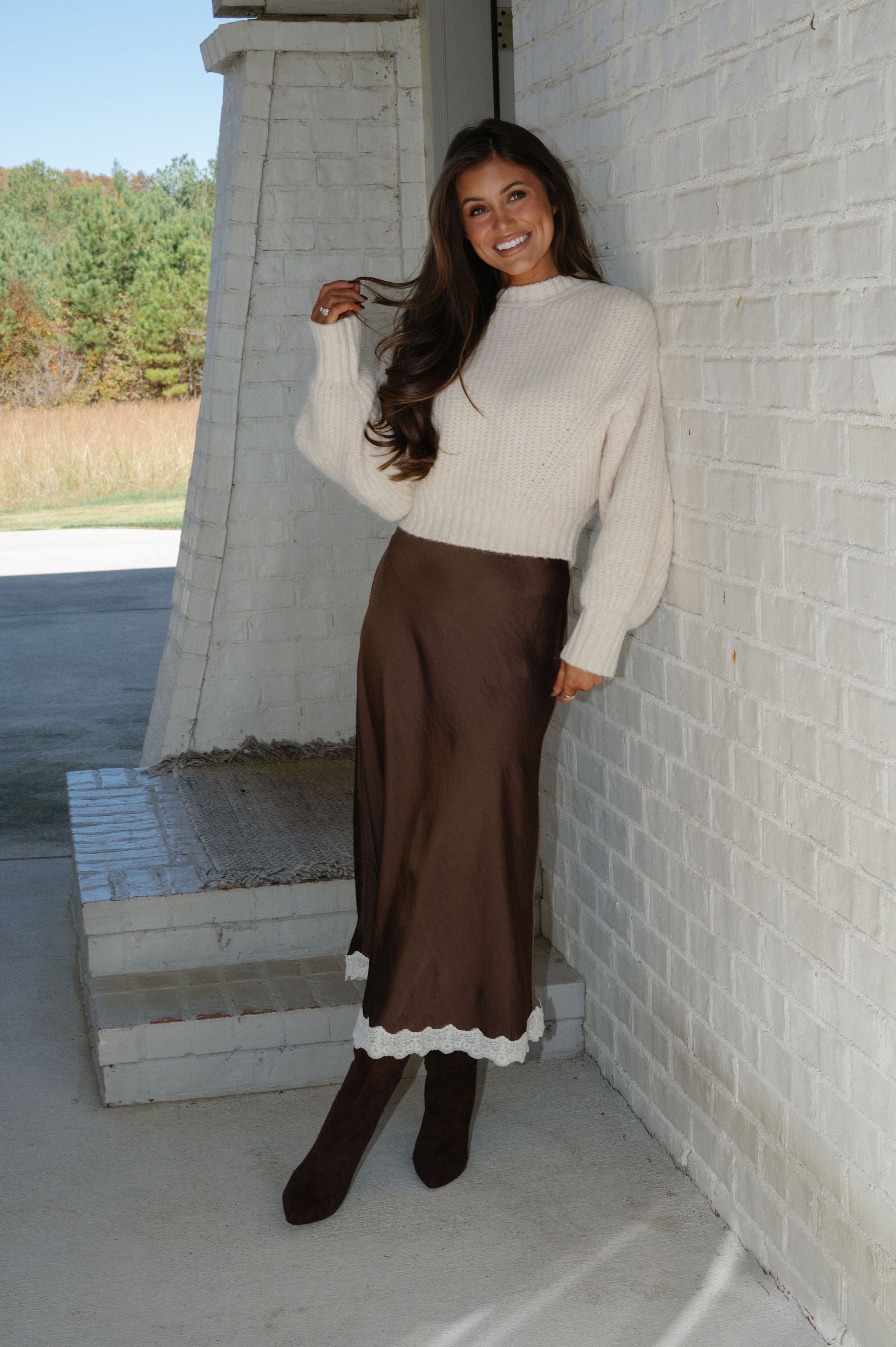 Lace Trimmed Midi Skirt-Dark Brown
