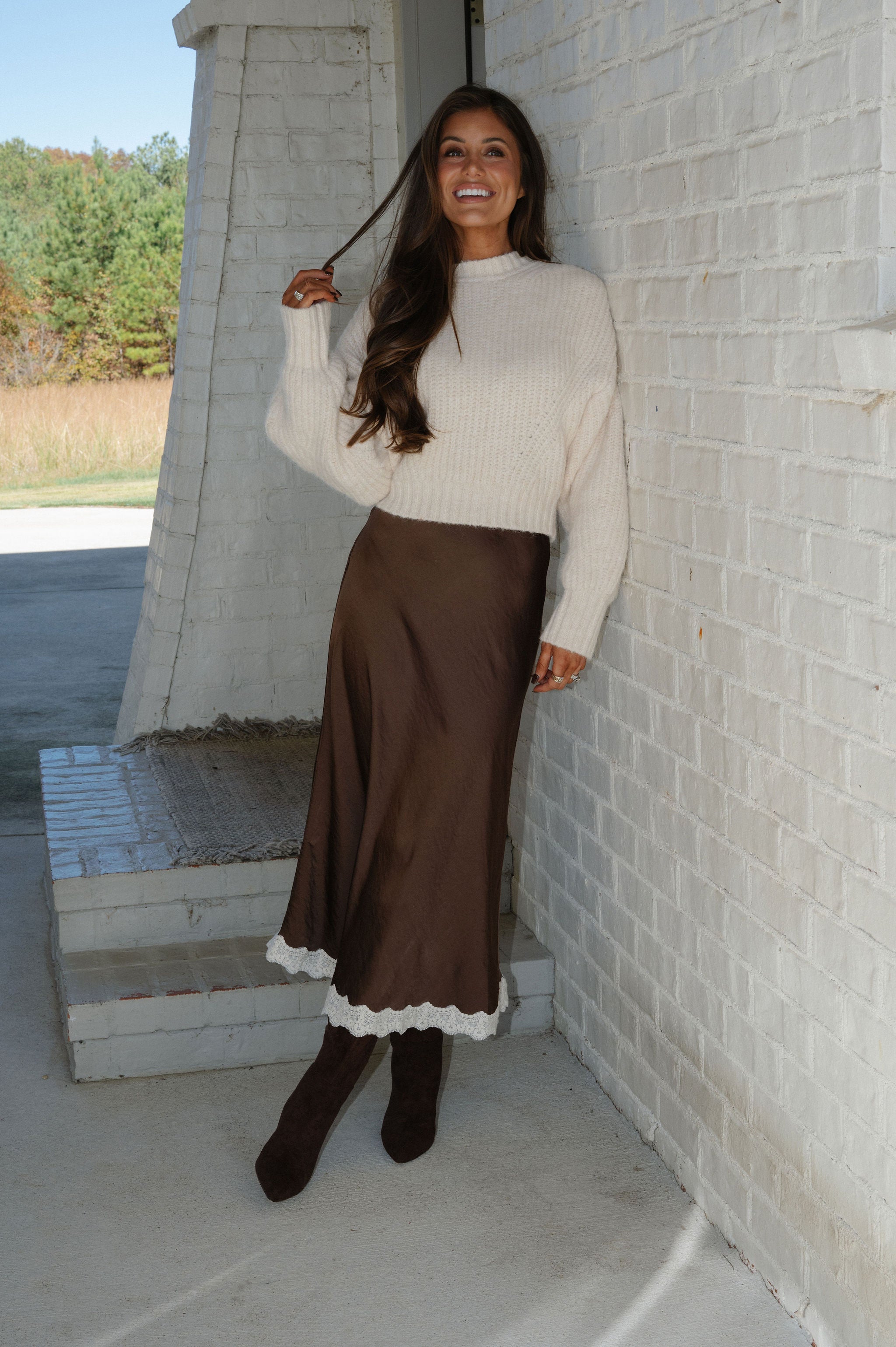 Lace Trimmed Midi Skirt-Dark Brown