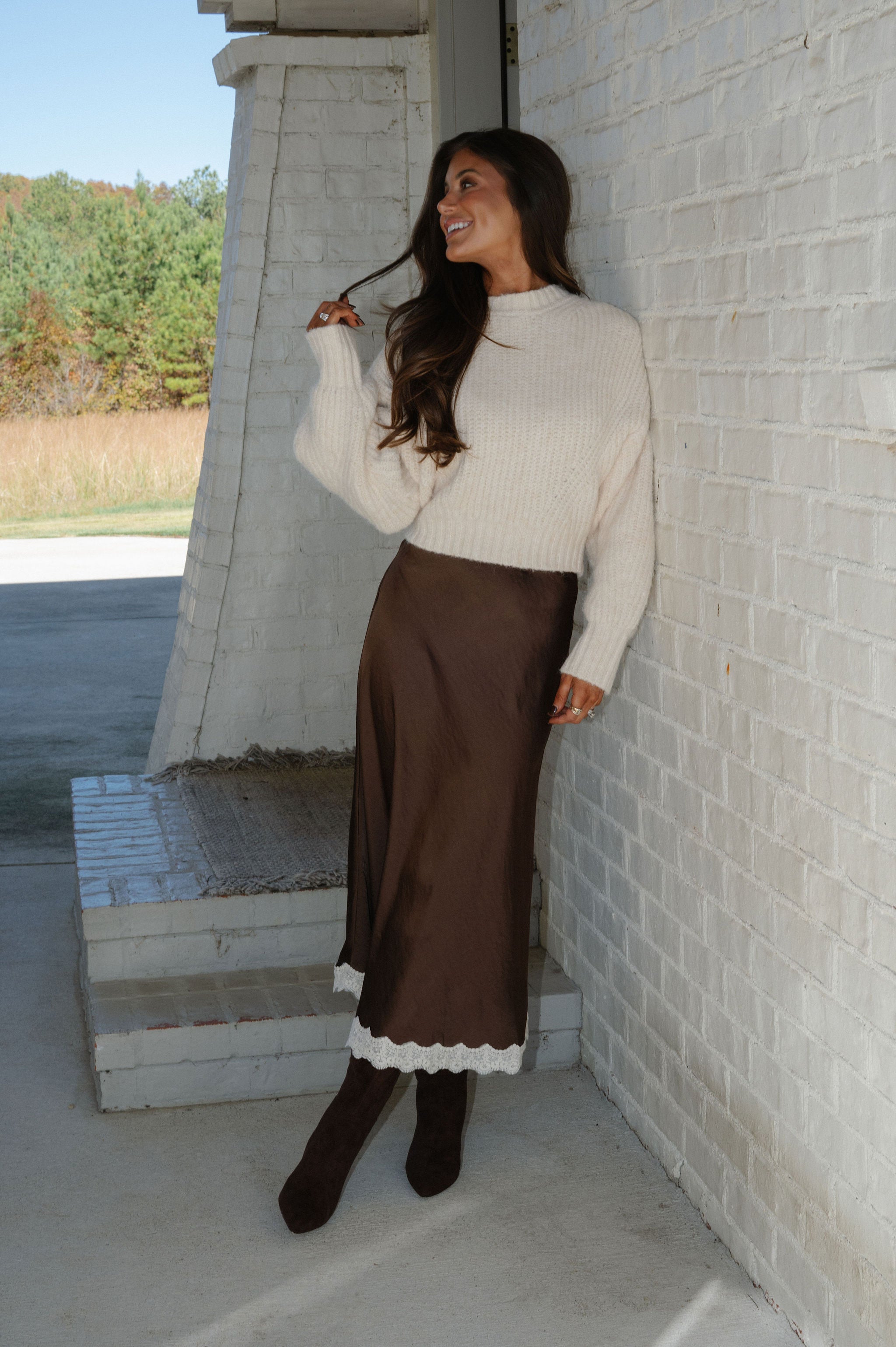 Lace Trimmed Midi Skirt-Dark Brown