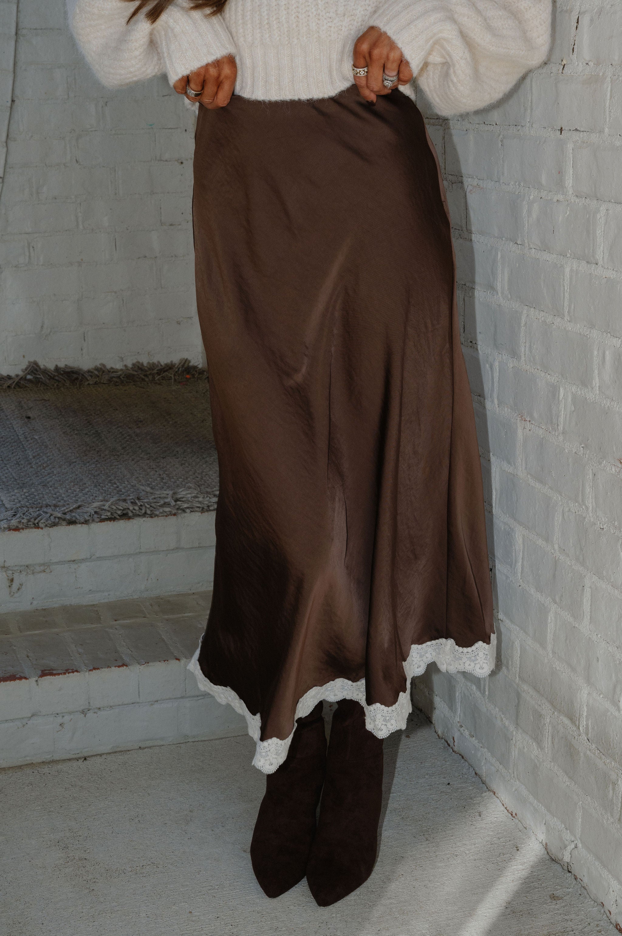 Lace Trimmed Midi Skirt-Dark Brown