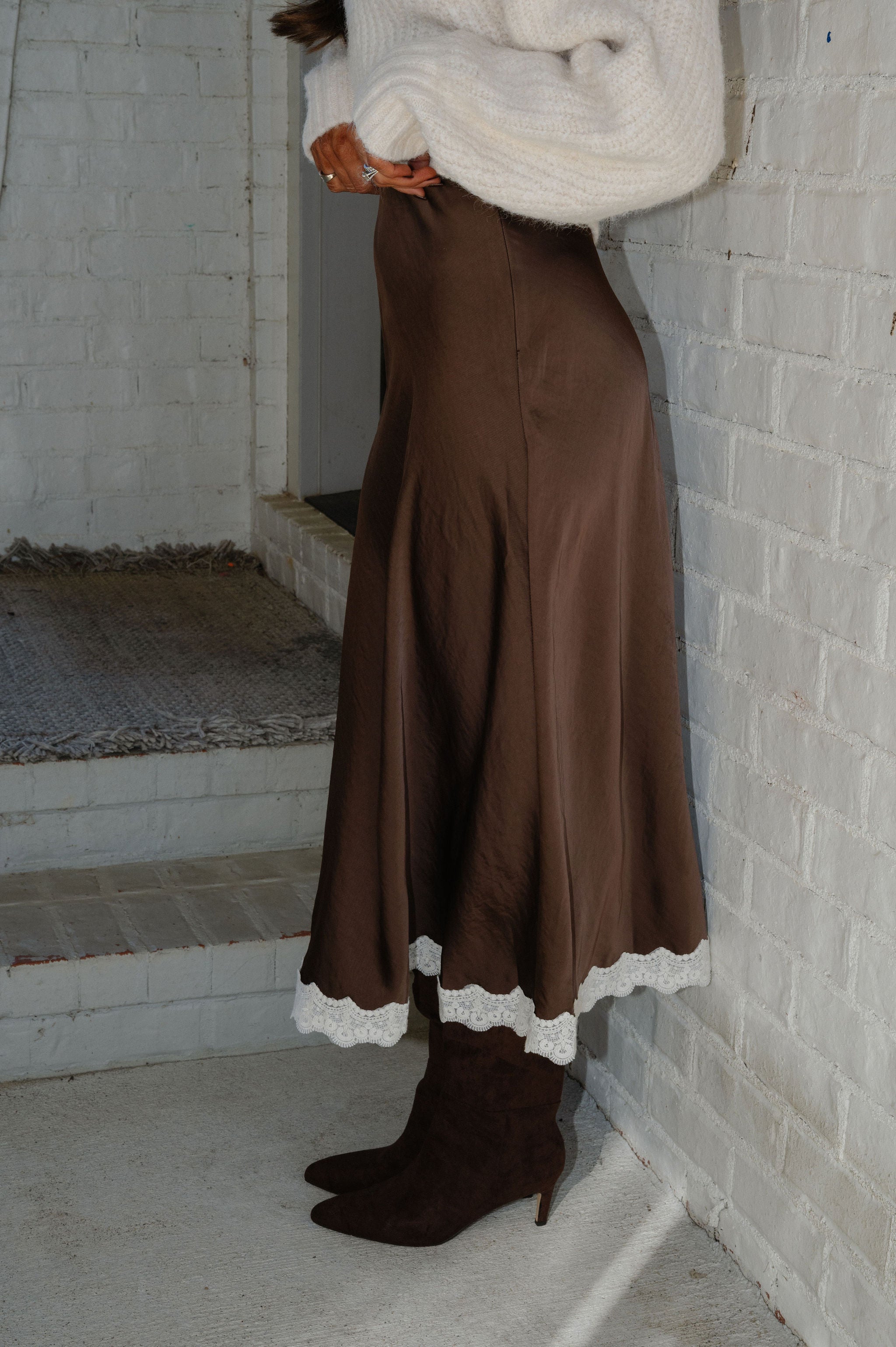 Lace Trimmed Midi Skirt-Dark Brown