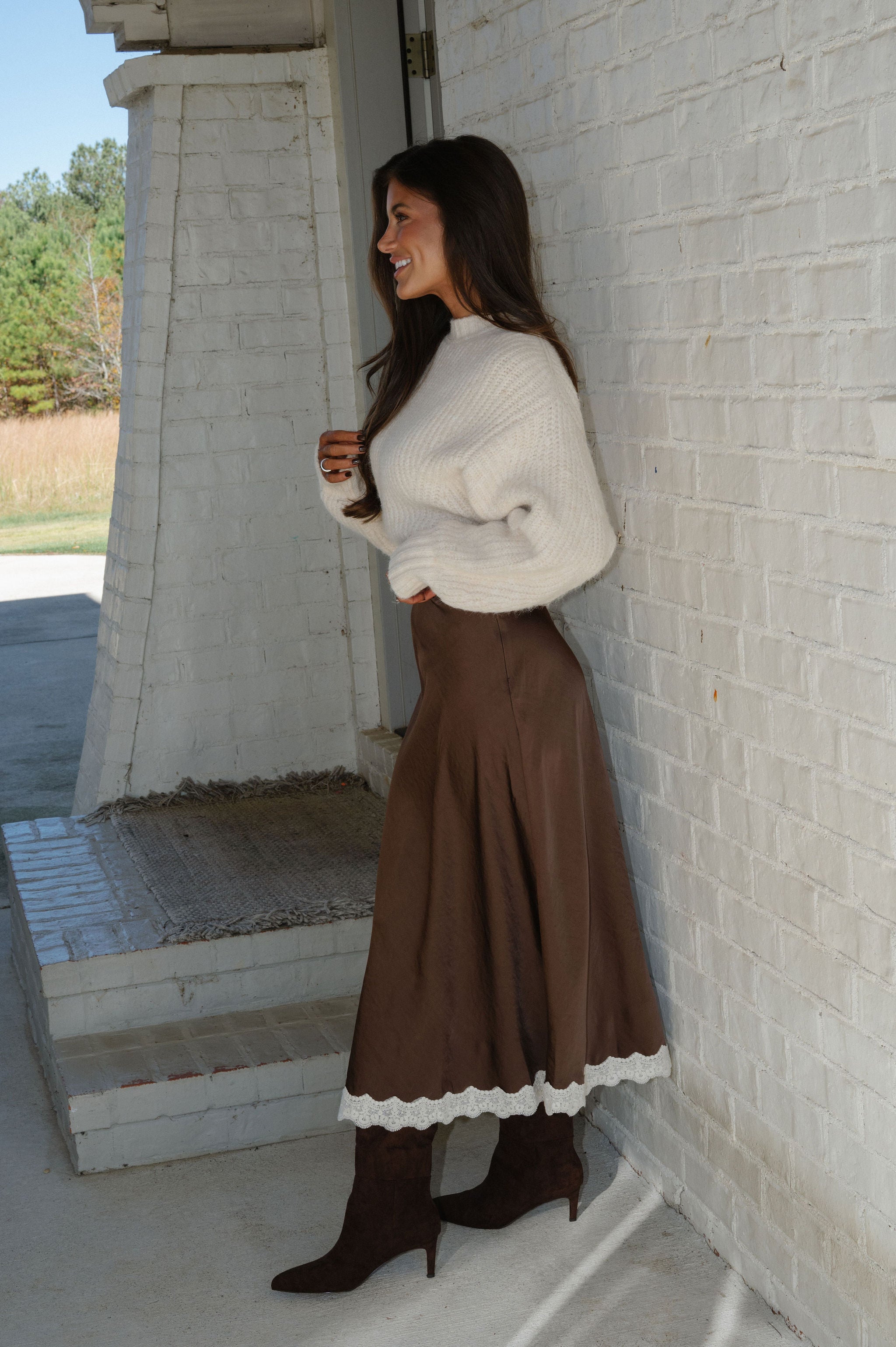Lace Trimmed Midi Skirt-Dark Brown