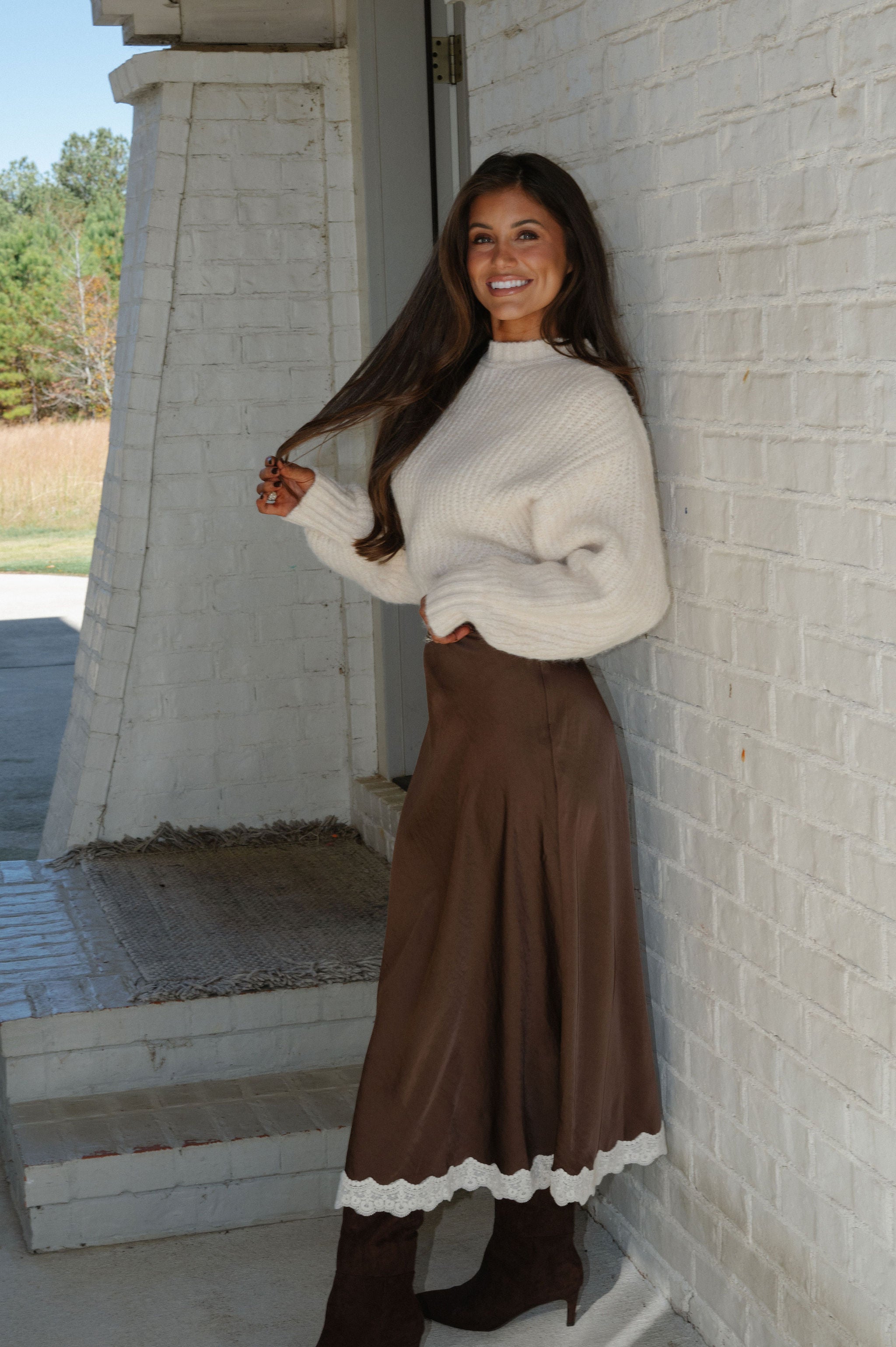 Lace Trimmed Midi Skirt-Dark Brown